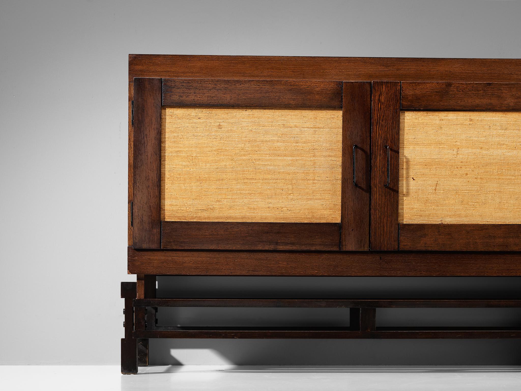 Mid-Century Modern Leonardo Fiori for Isa Bergamo Cabinet in Stained Oak and Seagrass  For Sale