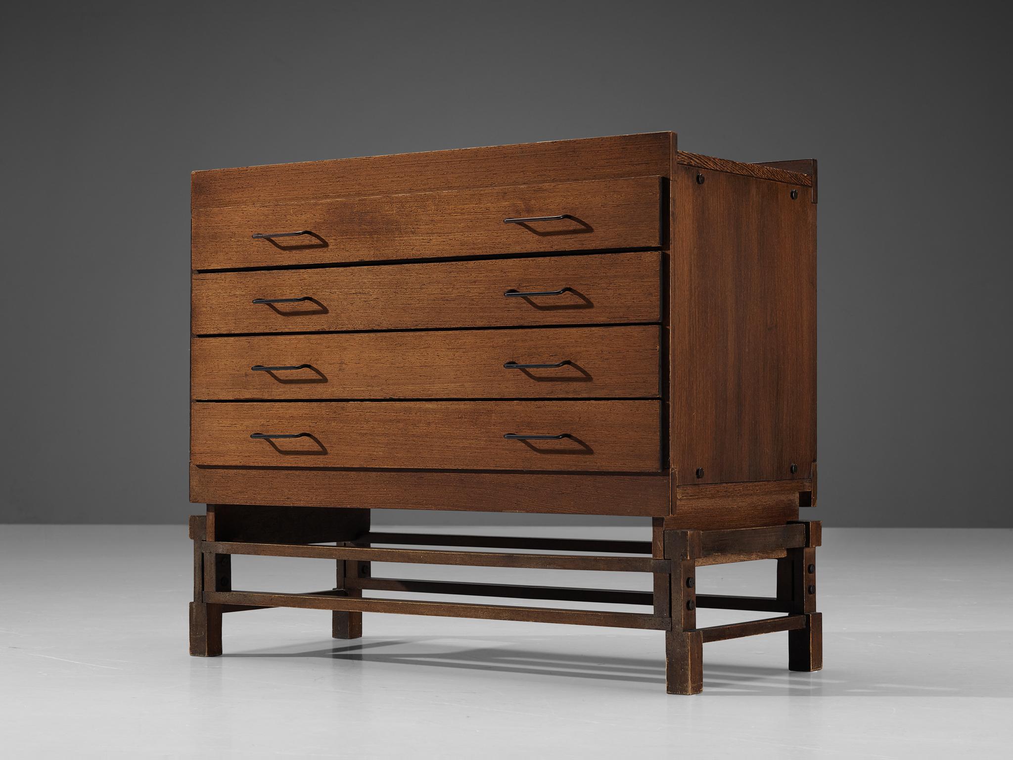 Leonardo Fiori for ISA Bergamo, chest of drawers, wengé, metal, Italy, 1950s

This well-designed piece is based on a solid construction featuring straight lines and right-angled shapes. Functionality comes into play through the availability of