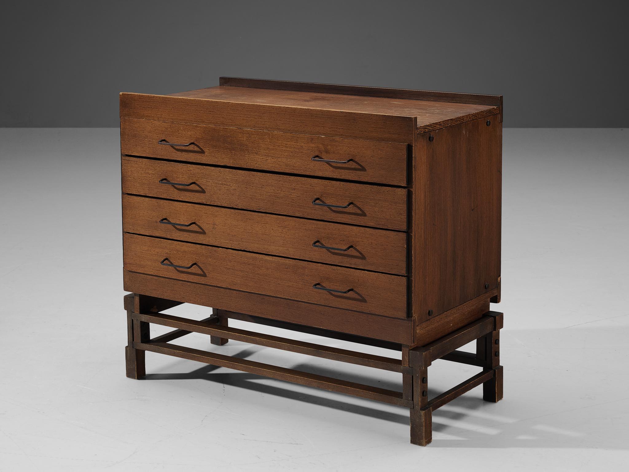 Leonardo Fiori for ISA Bergamo, chest of drawers, wengé, metal, Italy, 1950s

This well-designed piece is based on a solid construction featuring straight lines and right-angled shapes. Functionality comes into play through the availability of great
