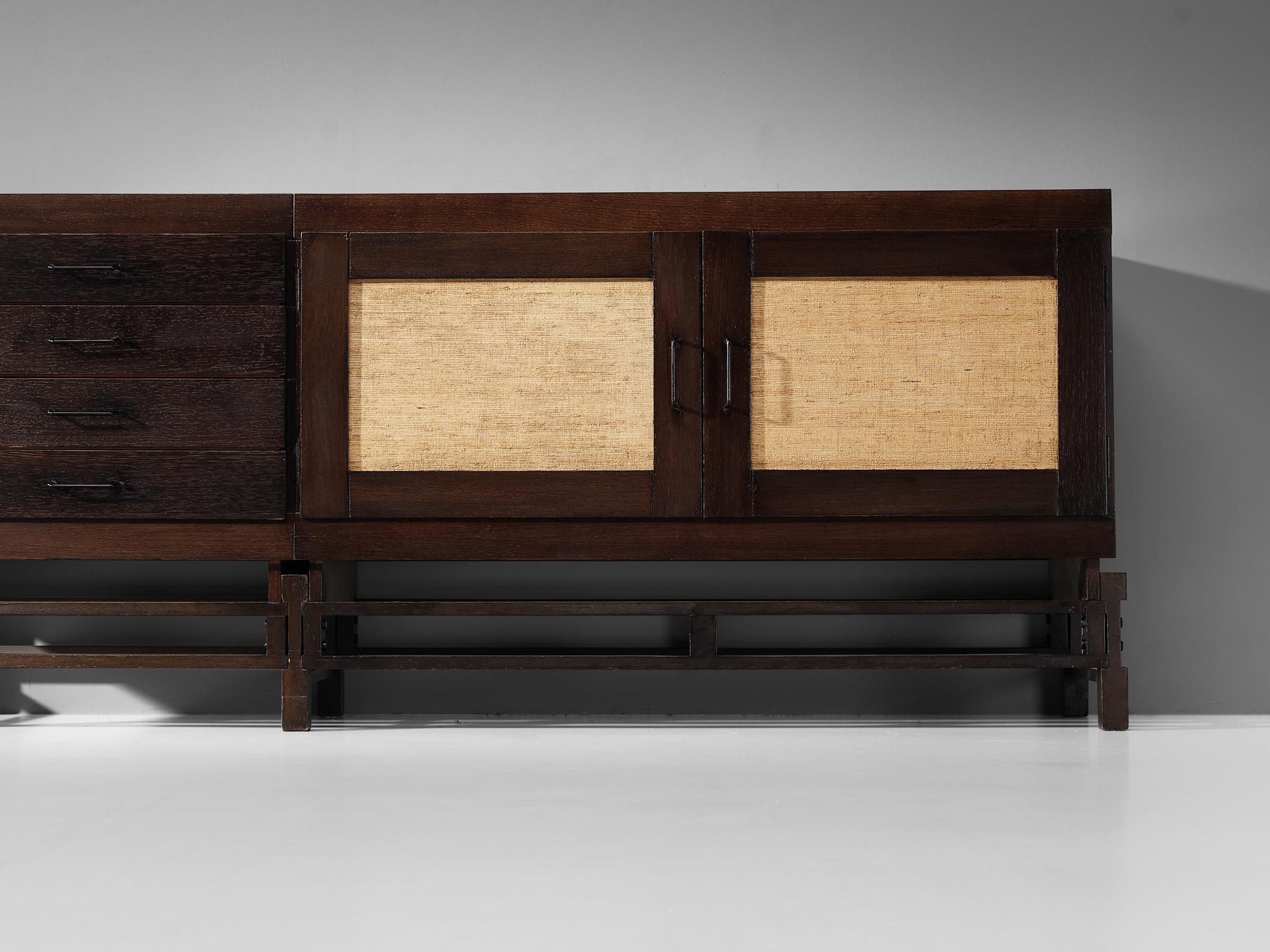 Mid-Century Modern Leonardo Fiori for Isa Bergamo Sideboard in Stained Oak and Seagrass  For Sale