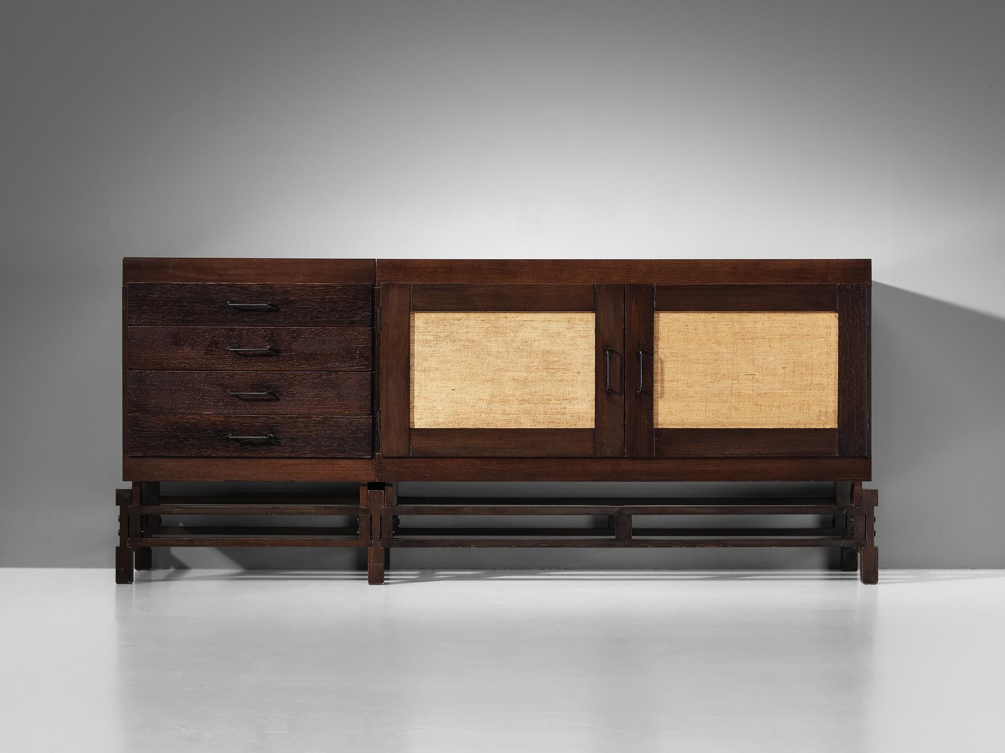 Metal Leonardo Fiori for Isa Bergamo Sideboard in Stained Oak and Seagrass  For Sale