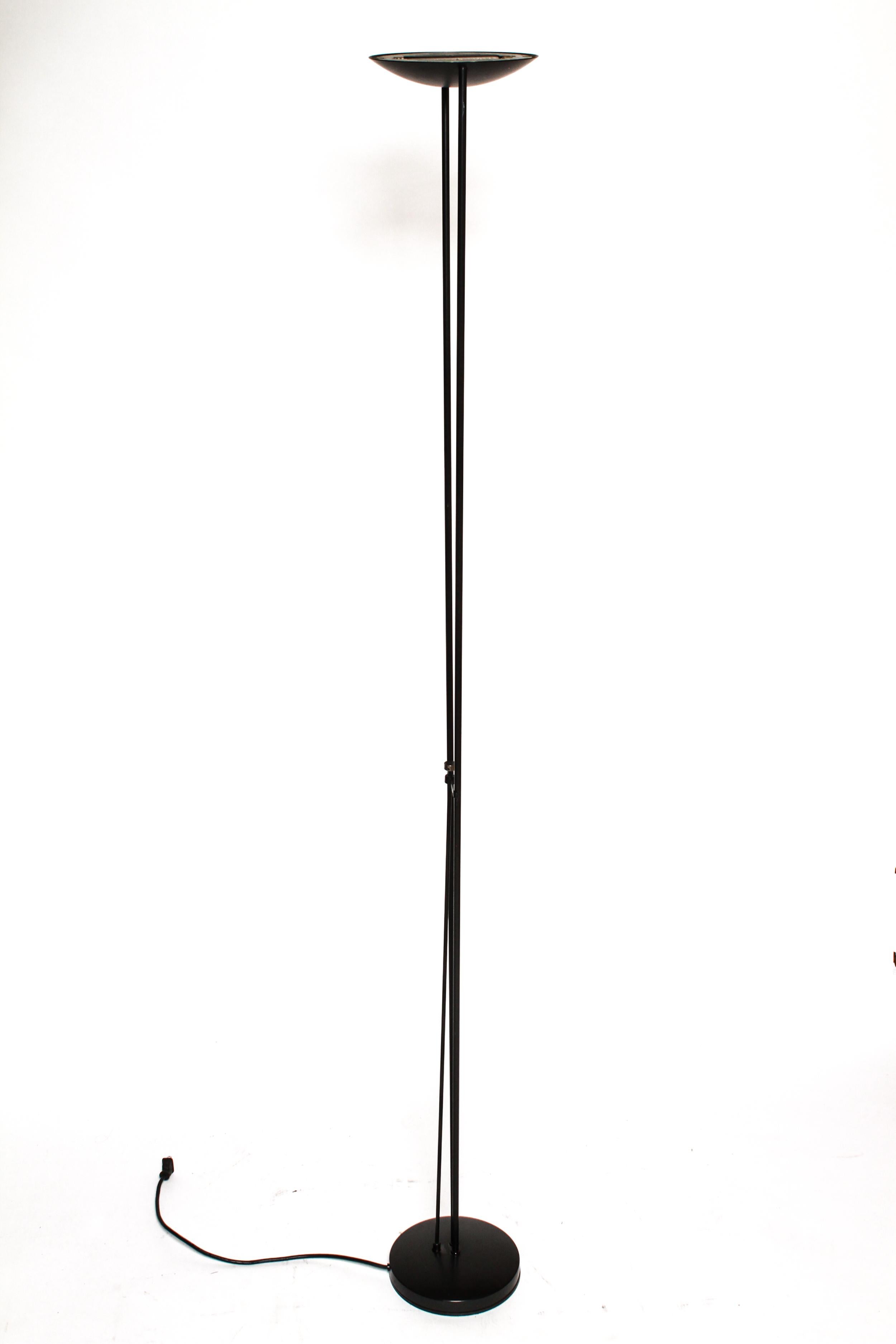 Spanish Post-Modern torchiere floor lamp designed by Leonardo Marelli for Estiluz. Model P-1122 with two stems holding up a dish containing the light. Comes with a turn dimmer. The piece is marked 