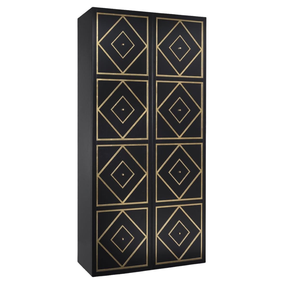 Leonardo Matte Black and Gold Leaf Tall 2-Door Cabinet For Sale