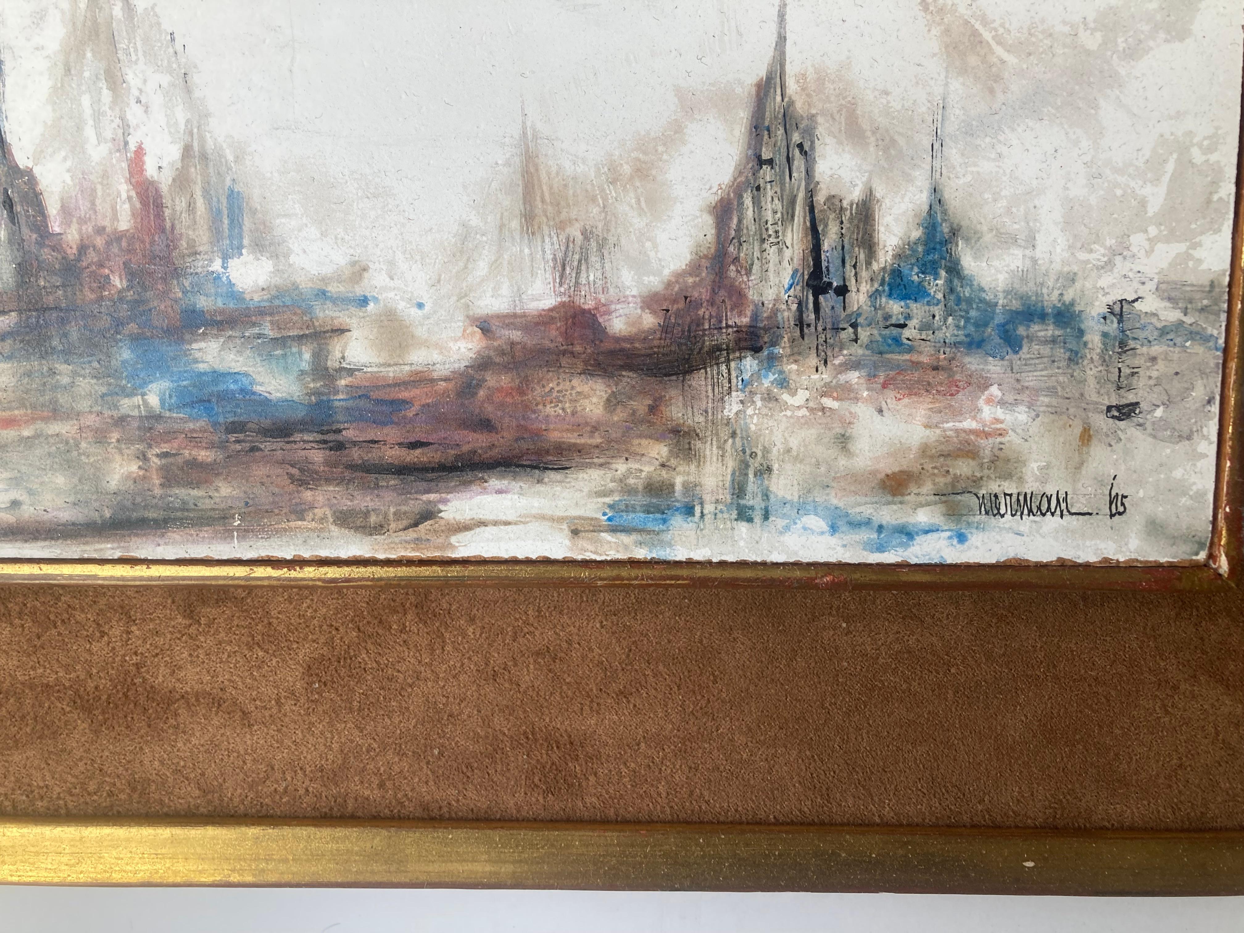 This is an early work by the well known Mexican artist Leonardo Norman , This is a watercolor cityscape , that he made in acrylic with vivid colors in later years . Dated and signed 65, The actual works measures 10 x 14 .