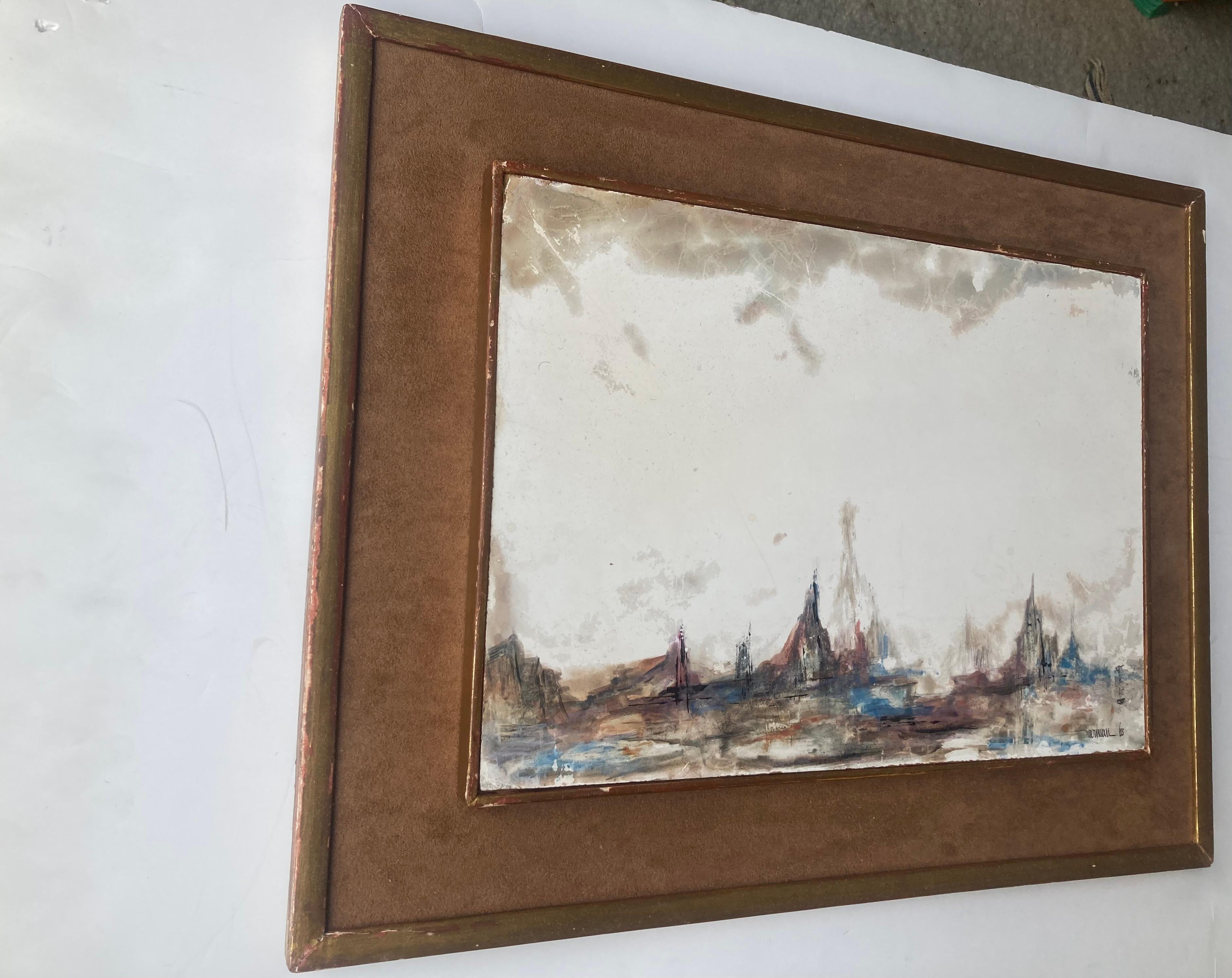 Hand-Crafted Leonardo Nierman  early cityscape abstract , watercolor painting .