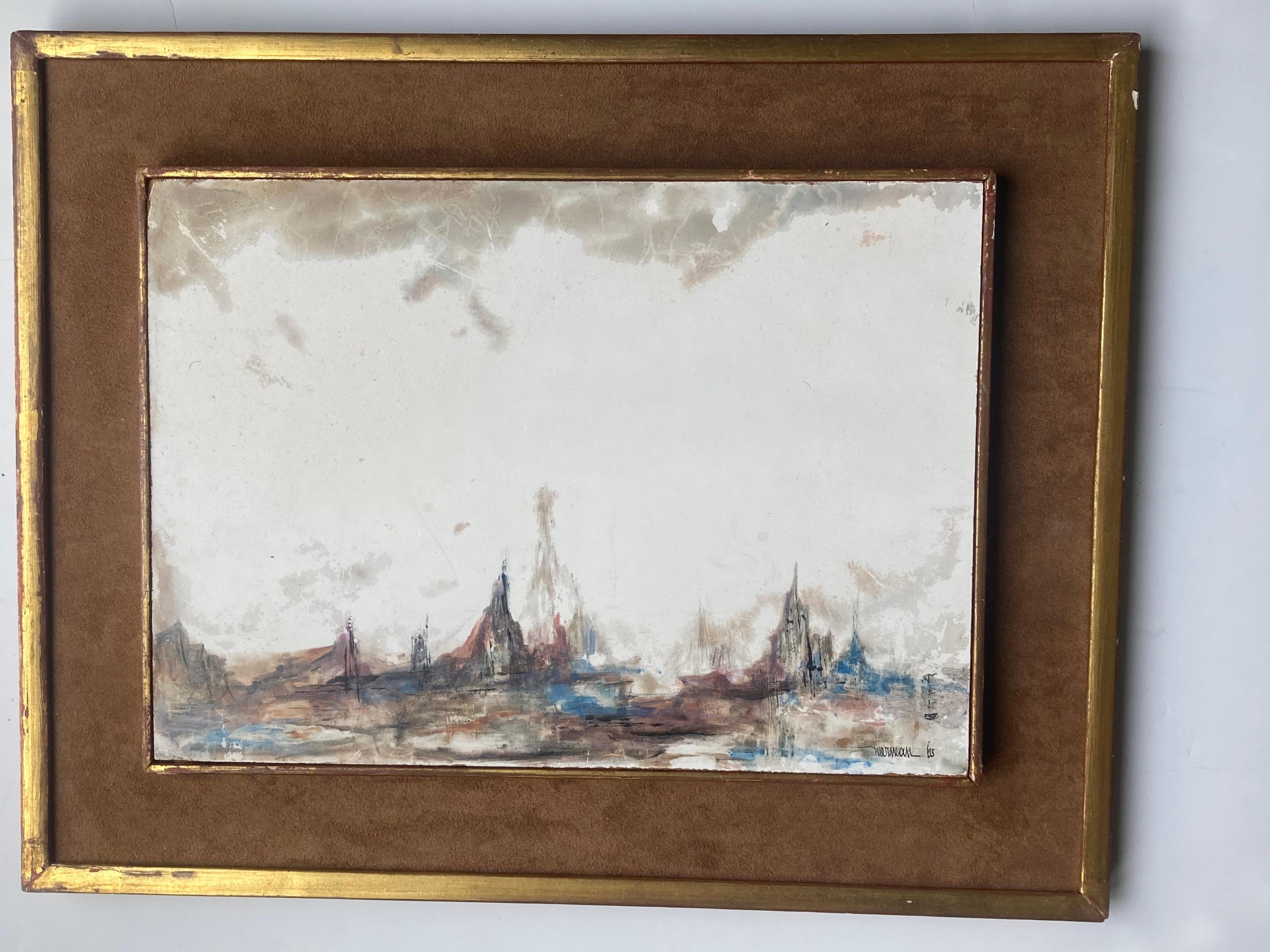 Leonardo Nierman  early cityscape abstract , watercolor painting . In Fair Condition In Los Angeles, CA
