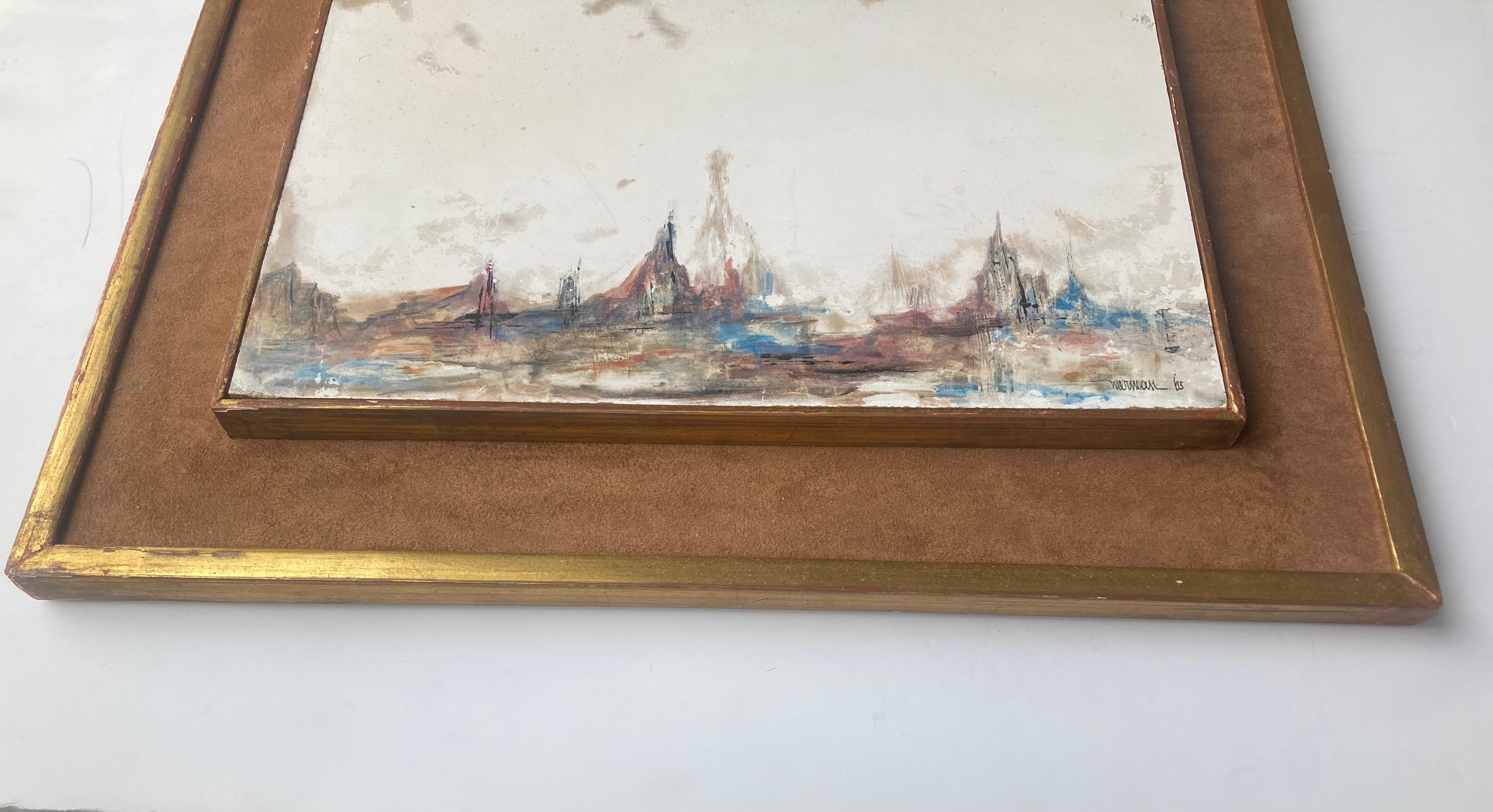 20th Century Leonardo Nierman  early cityscape abstract , watercolor painting . For Sale
