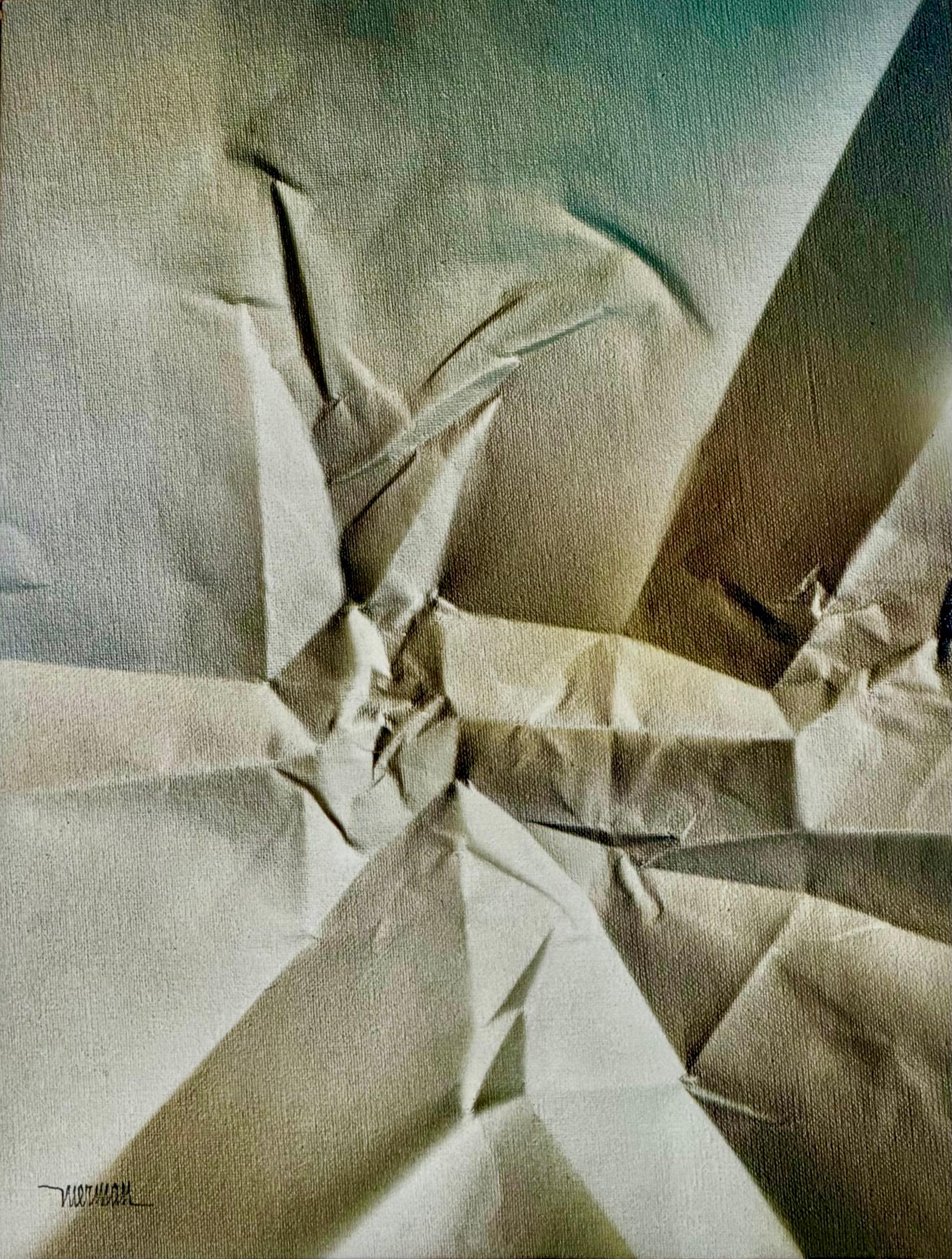 This compelling Leonardo Nierman (1932-2023) abstract painting exemplifies the artist’s celebrated exploration of movement, tension, and sculptural depth through fractured geometric form. Executed in oil on canvas laid down on board, the composition