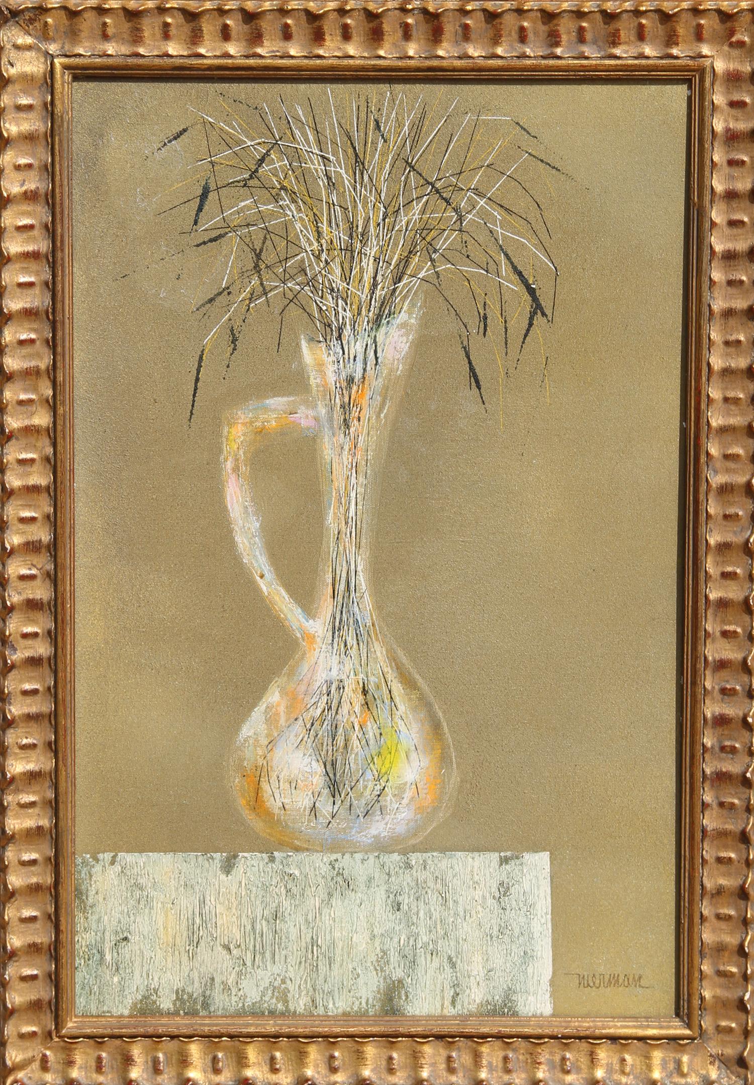 Artist: Leonardo Nierman, Mexican (1932 - )
Title: Flower Vase
Year: circa 1950
Medium: Oil on Canvas, signed l.r.
Size: 21.5 in. x 14 in. (54.61 cm x 35.56 cm)
Frame Size: 24.5 x 17 inches