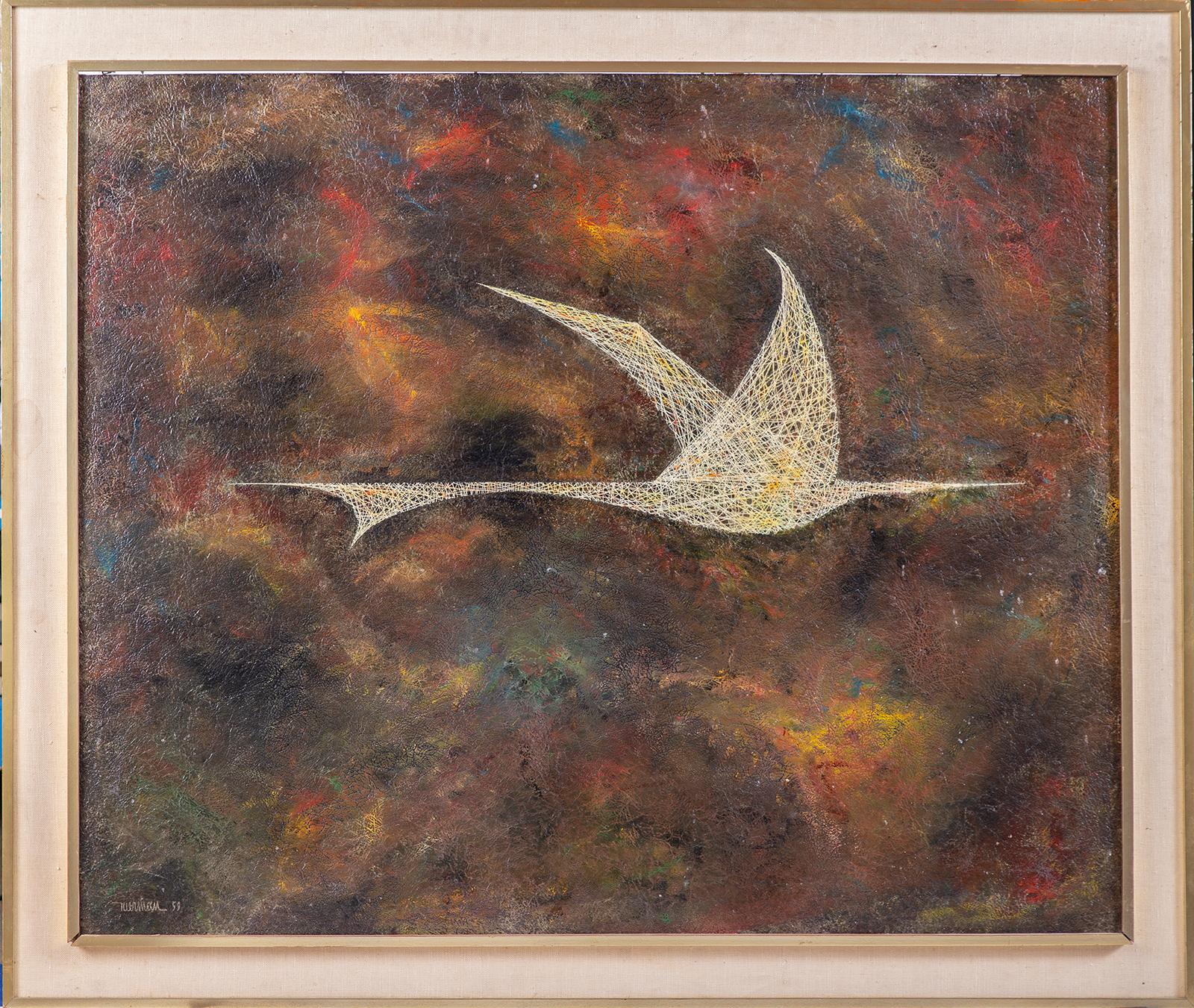 Artist: Leonardo Nierman
Title: Bird in Flight
Medium: Oil on Masonite Board
Size: 40" x 48"
Framed: 46" x 55"
Year: 1959
Signed by the artist in excellent condition
Certificate of Authenticity included directly from the Henry Hirsch Collection. You