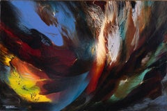 Leonardo Nierman Abstract Oil on Board 'Biblical Fire' in Antique Gold Frame