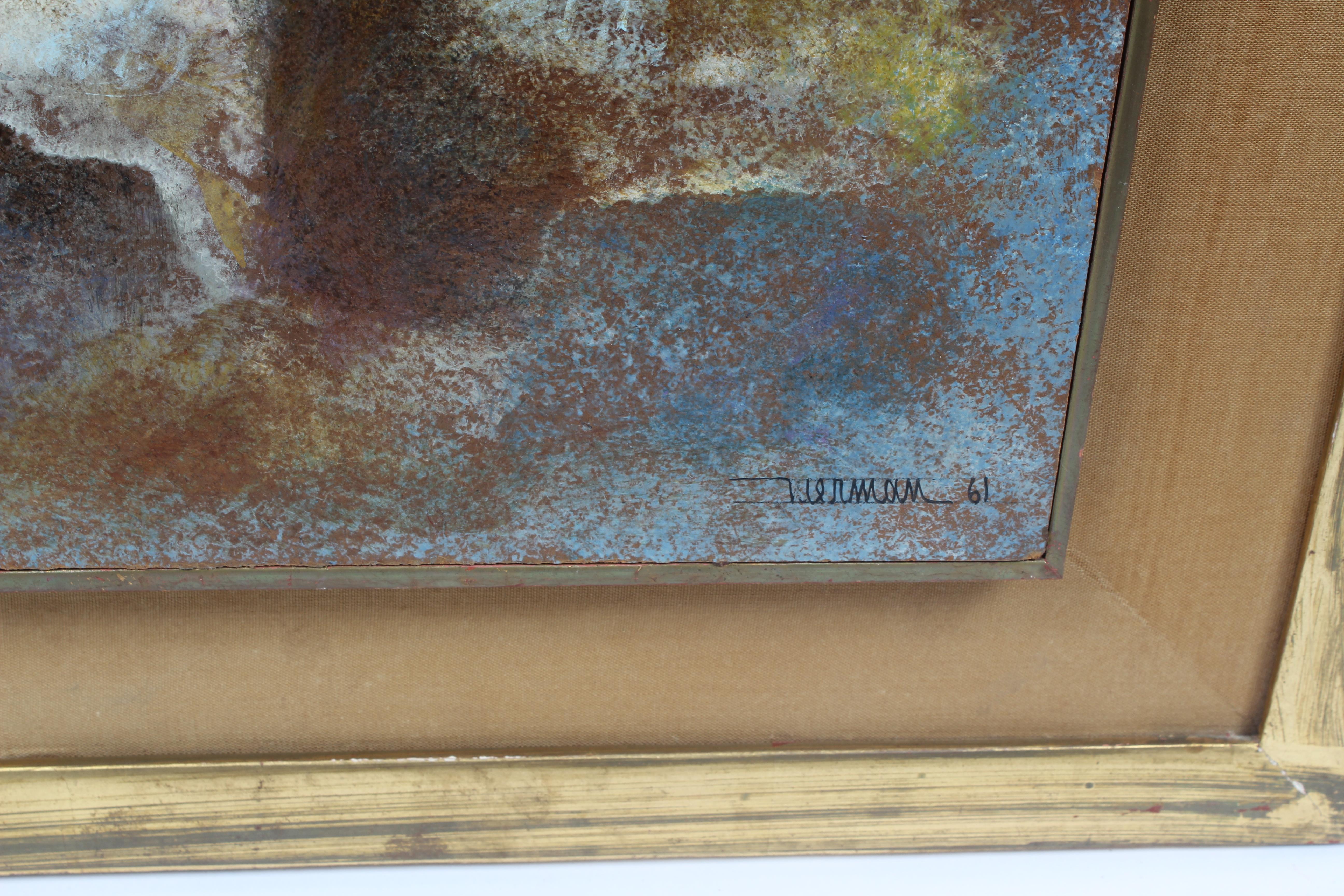 An original oil on masonite painting by well listed Mexican artist Leonardo Nierman.

This work comes in a unique gold frame presentation which is likely original to the piece.  

Signed and dated 1961 lower right, and comes with a COA.

Abstract