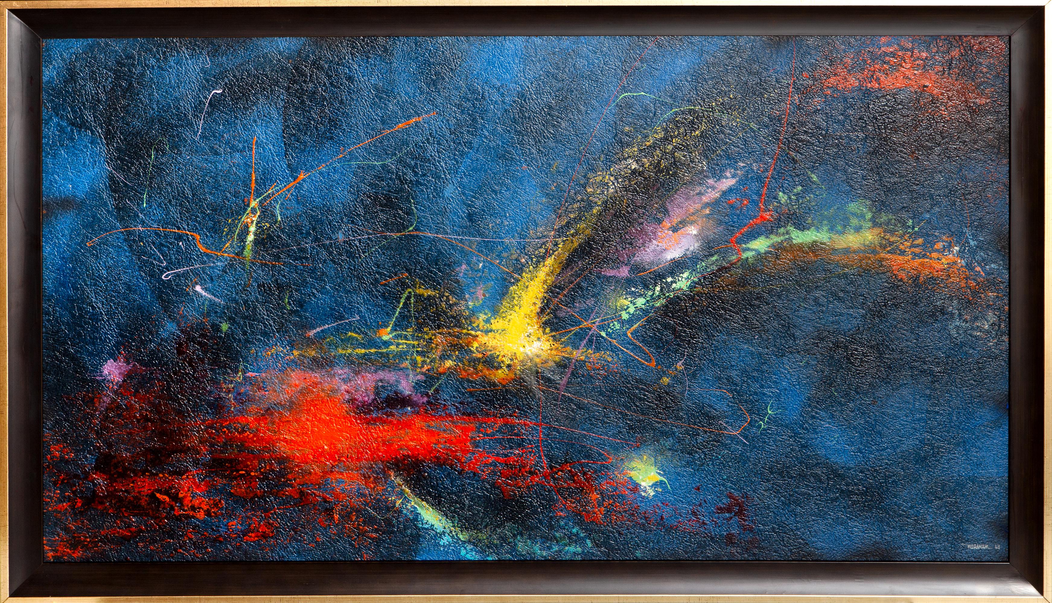Grande peinture à l'huile de jeunesse du célèbre artiste abstrait mexicain Leonardo Nierman (1932 -  ), signé en bas à droite. 

Systema Solar
Leonardo Nierman, Mexicain (1932)
Date : 1960
Huile sur masonite, signée et datée en bas à droite
Taille :