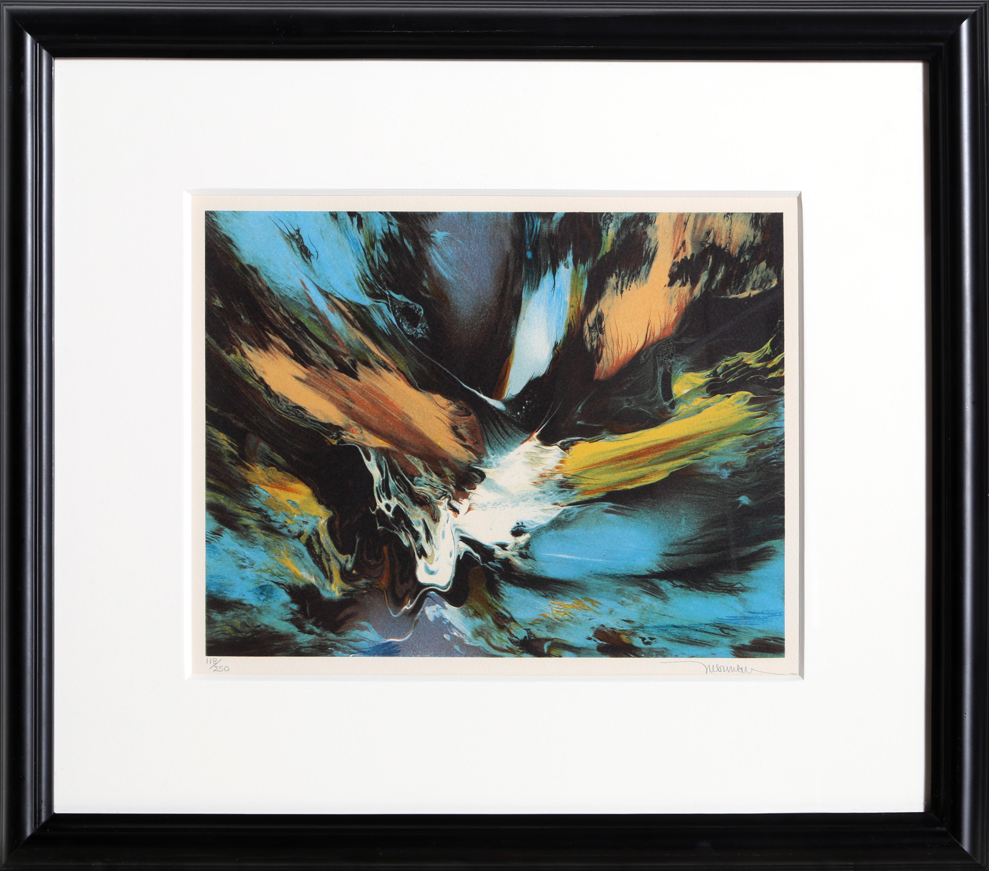 A cosmic abstract lithograph by Mexican artist, Leonardo Nierman. The print is hand-signed and numbered in pencil. Nicely framed. 

Abstraction 1
Leonardo Nierman, Mexican (1932)
Lithograph, signed and numbered in pencil
Edition of 118/250
Image