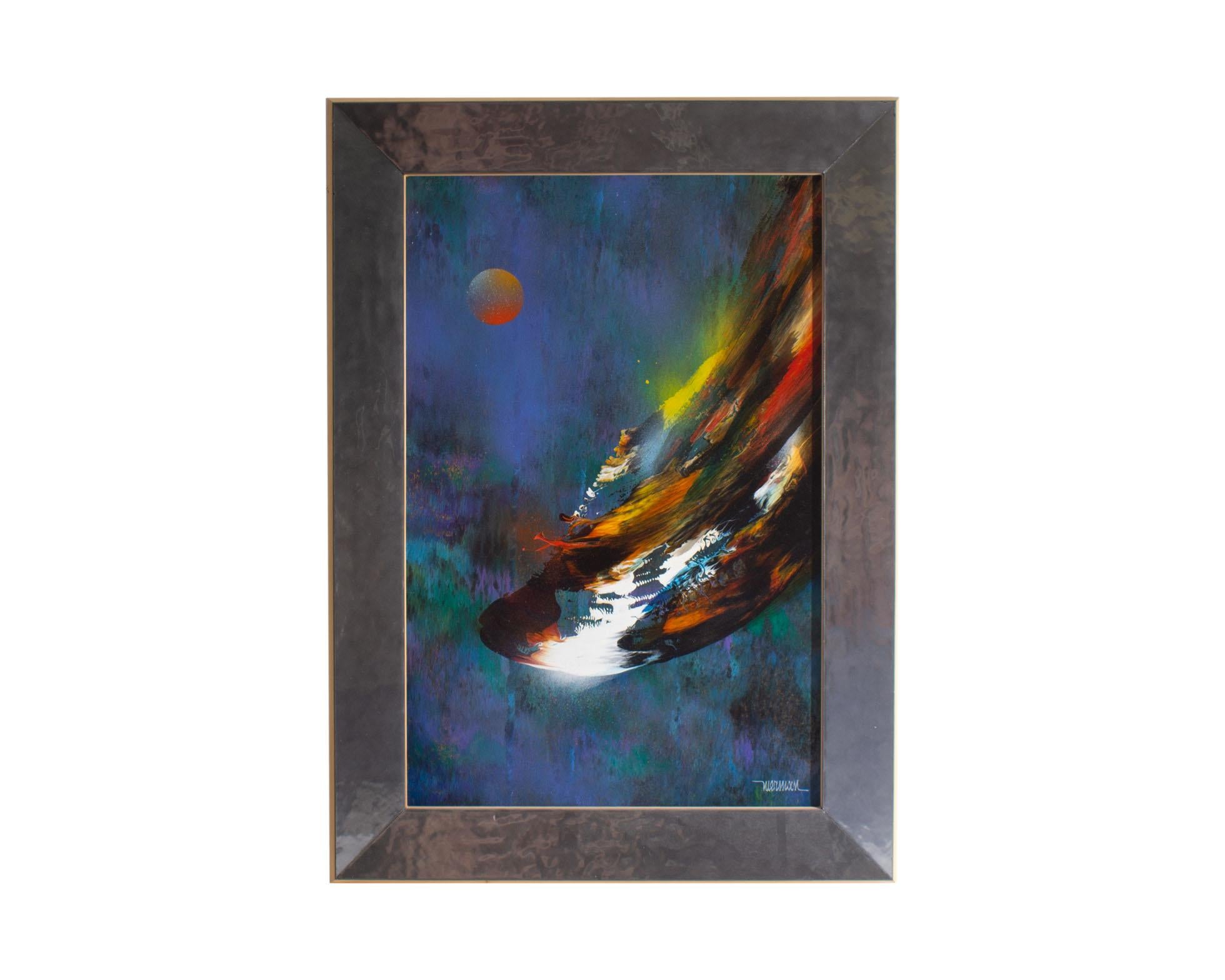 A 1970s oil on board painting by the Mexican artist Leonardo Nierman (1932-2023). Titled Cosmic Wind, this abstract and vibrant work depicts a swooping gust of color rushing across a cool background of blue, green, and purple. A hazy red-orange sun