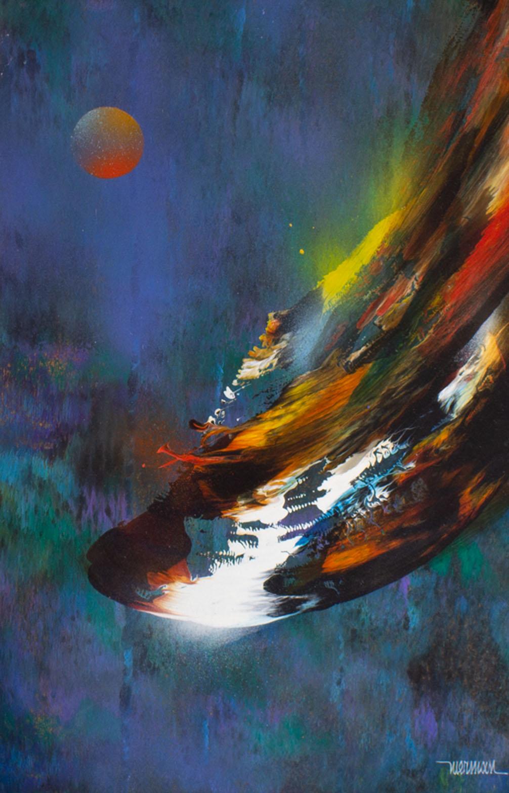 Modern Leonardo Nierman Signed 1970s “Cosmic Wind” Oil on Board Painting For Sale