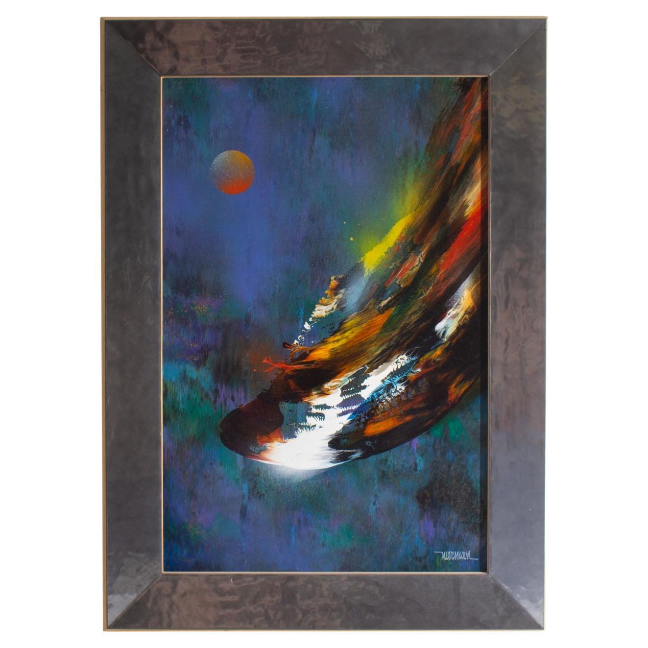 Leonardo Nierman Signed 1970s “Cosmic Wind” Oil on Board Painting