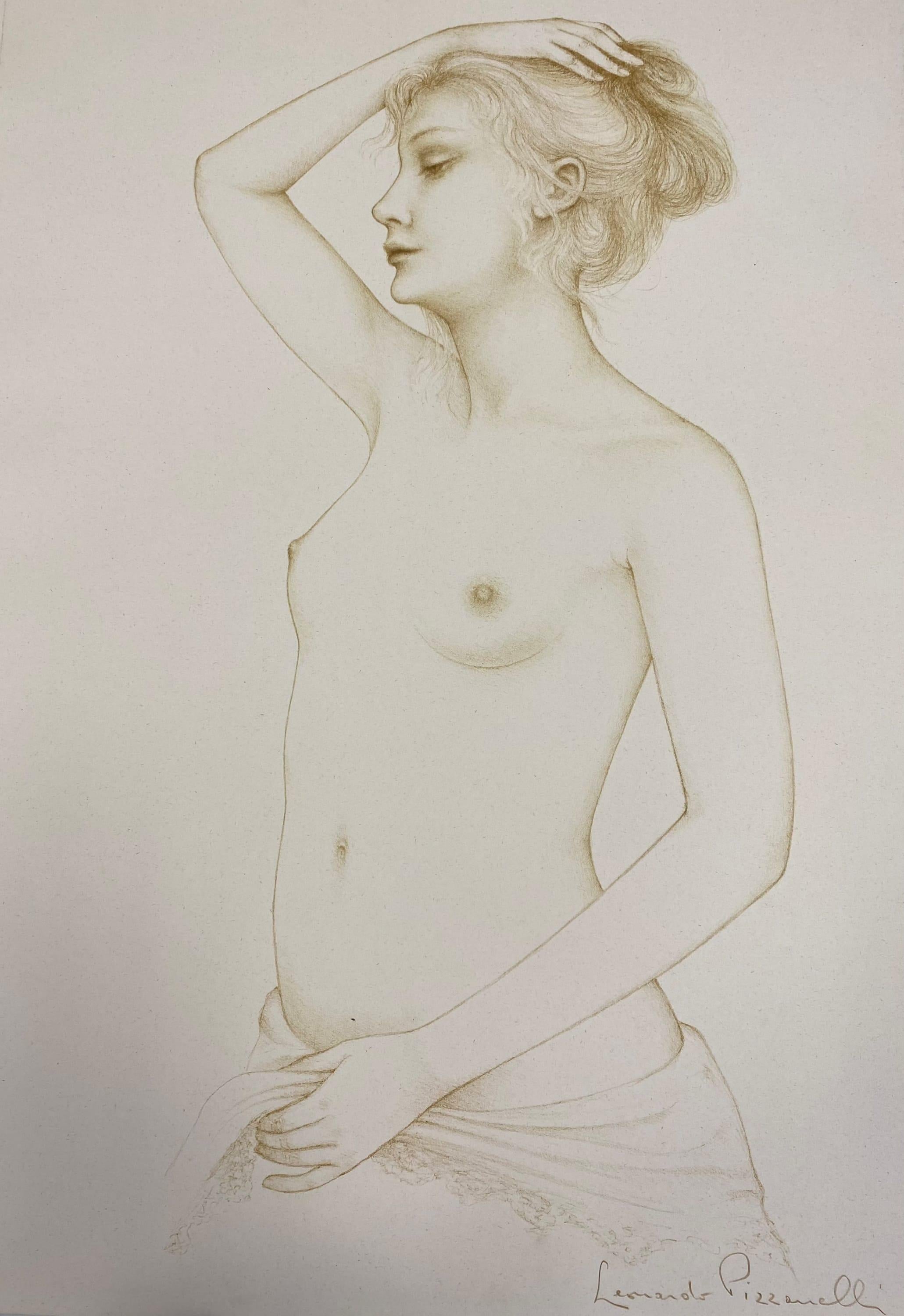 This framed 36" x 25.5" lithograph on paper by Leonardo Pizzanelli is an elegant depiction of a standing nude female in sepia tones. The female figure is facing profile to the left, standing, and holding a sheet around her lower half. Her right arm