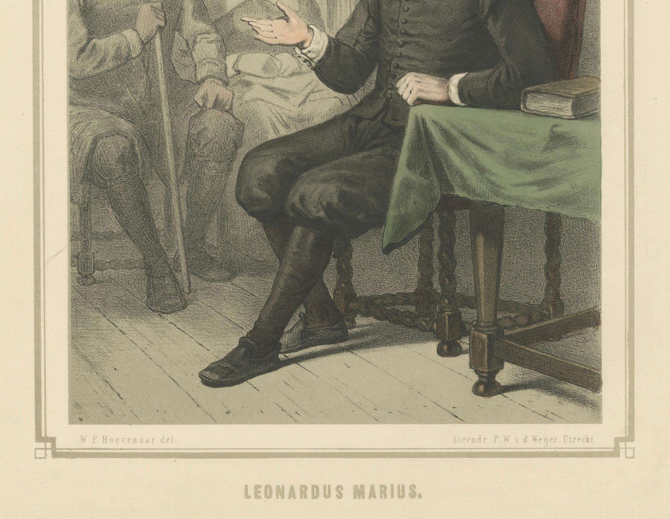 Leonardus Marius unterrichtet in einem Innenraum - Handkolorierte Lithographie aus dem 19. im Zustand „Gut“ im Angebot in Langweer, NL