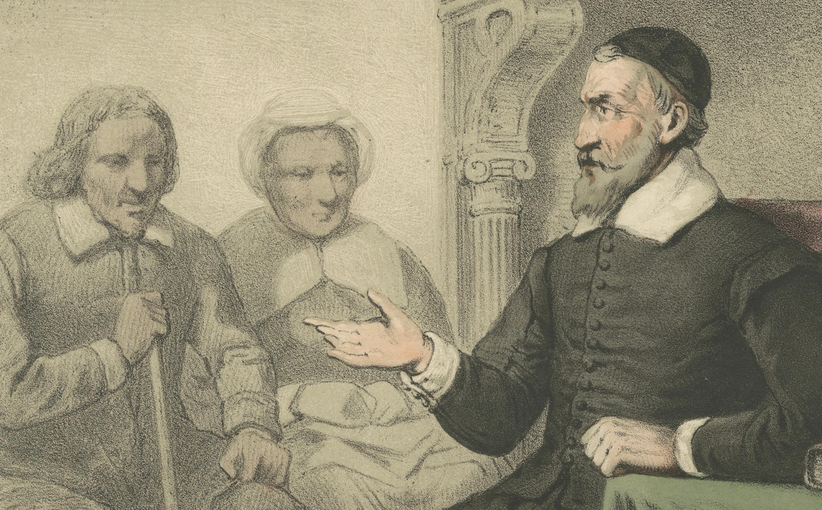 Leonardus Marius unterrichtet in einem Innenraum - Handkolorierte Lithographie aus dem 19. (Mittleres 19. Jahrhundert) im Angebot