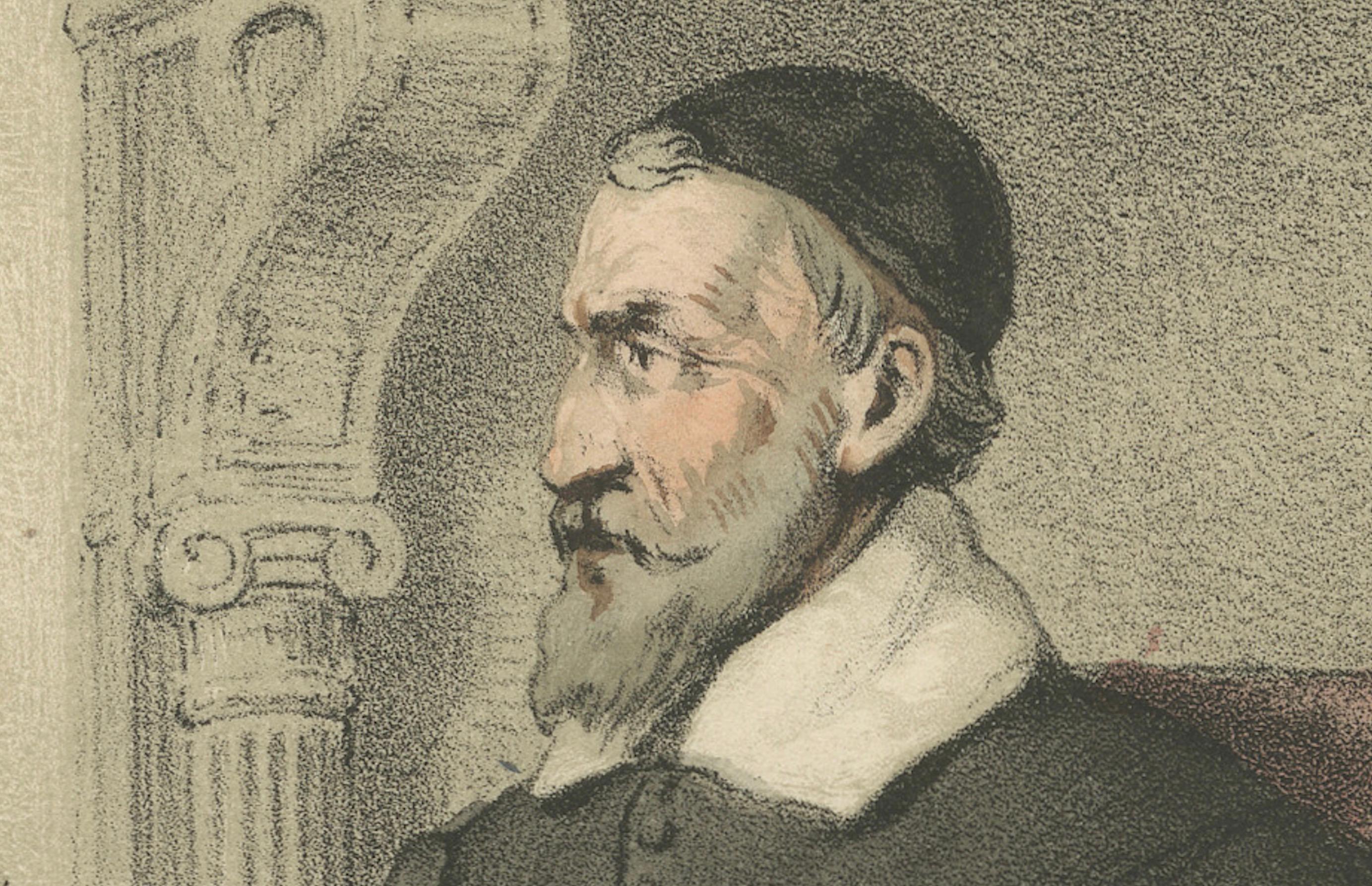 Leonardus Marius unterrichtet in einem Innenraum - Handkolorierte Lithographie aus dem 19. (Papier) im Angebot