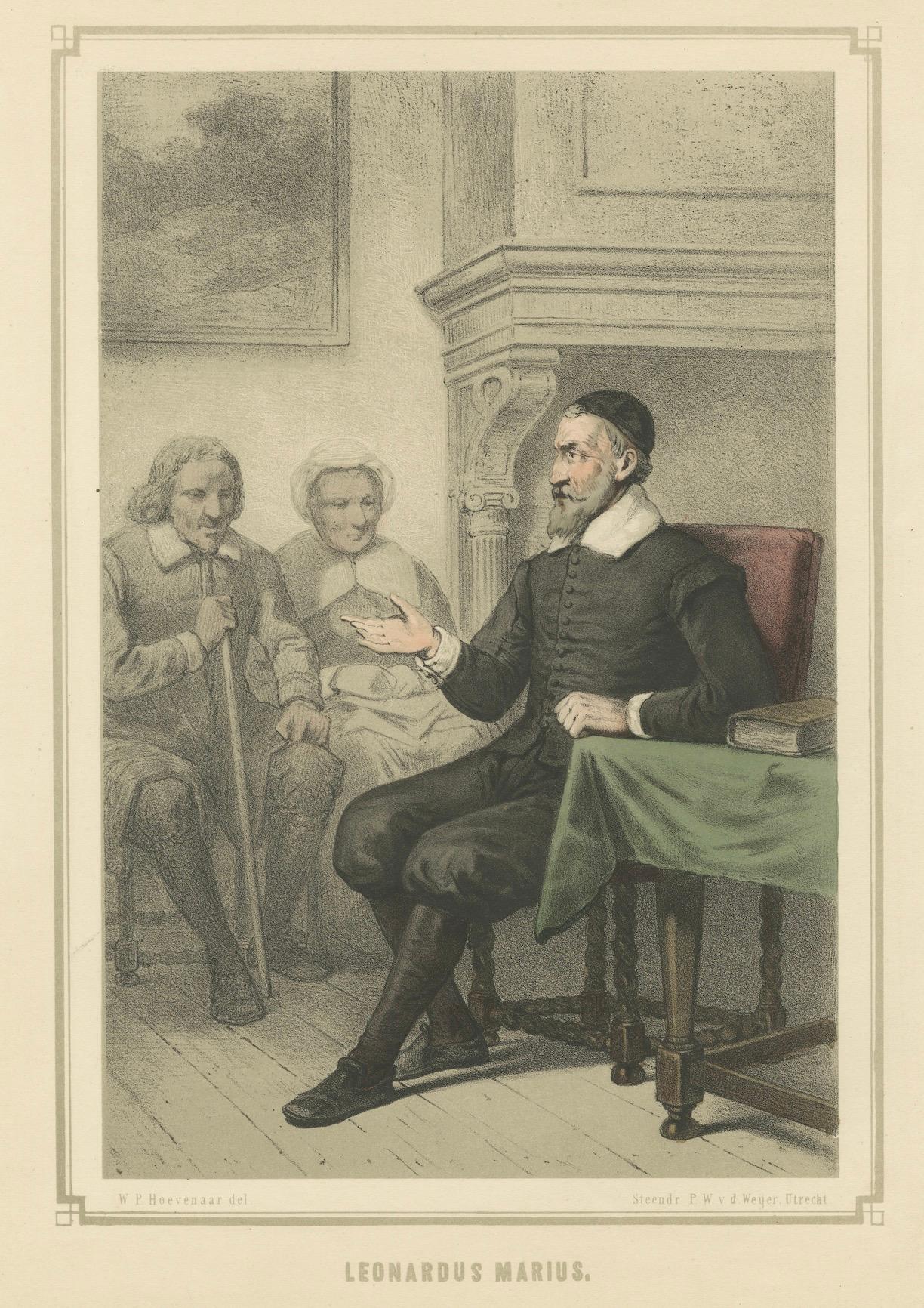 Leonardus Marius unterrichtet in einem Innenraum - Handkolorierte Lithographie aus dem 19. im Angebot 2