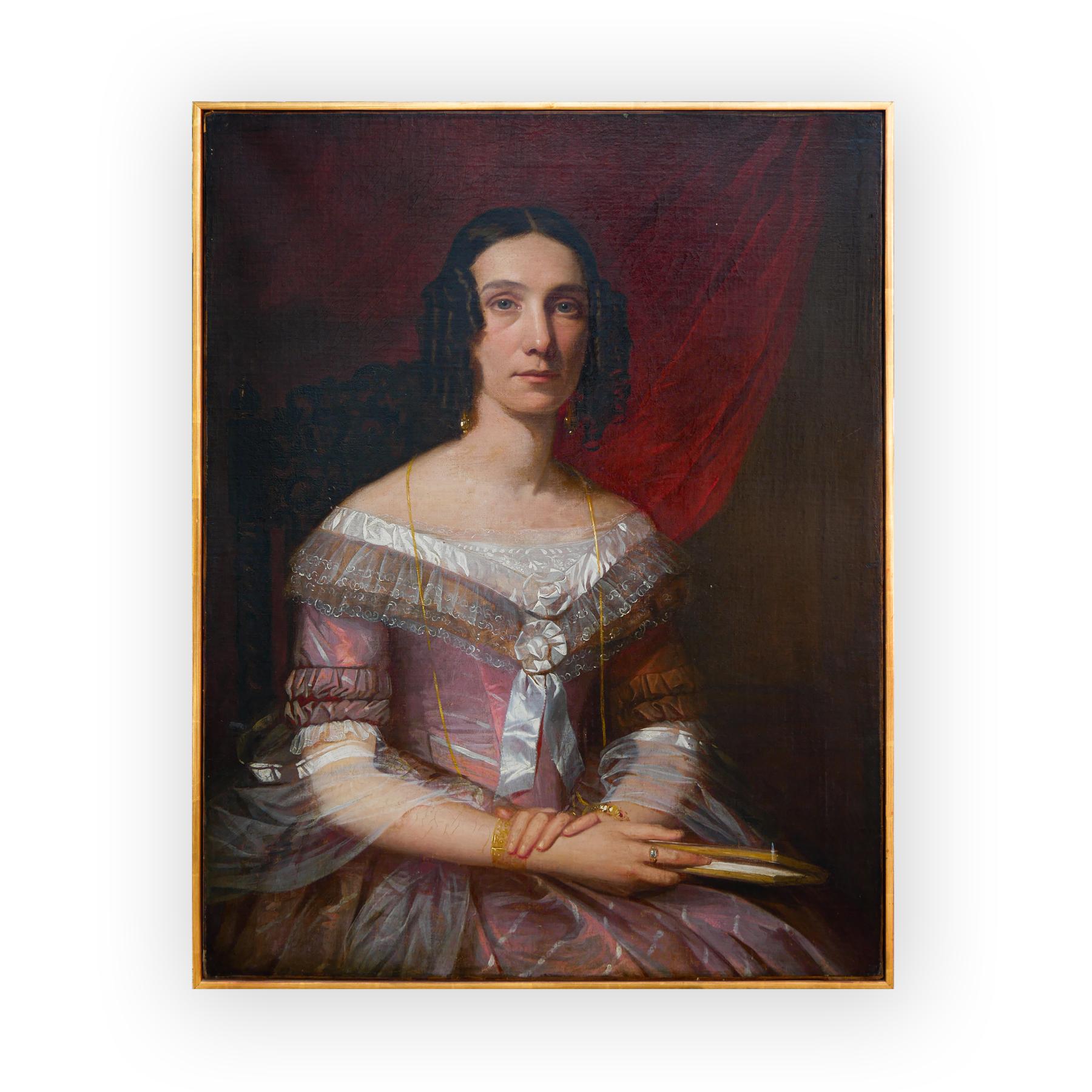 Dark Red and Pink Antique Portrait of a Victorian Lady - Painting by Leonardus Nardus