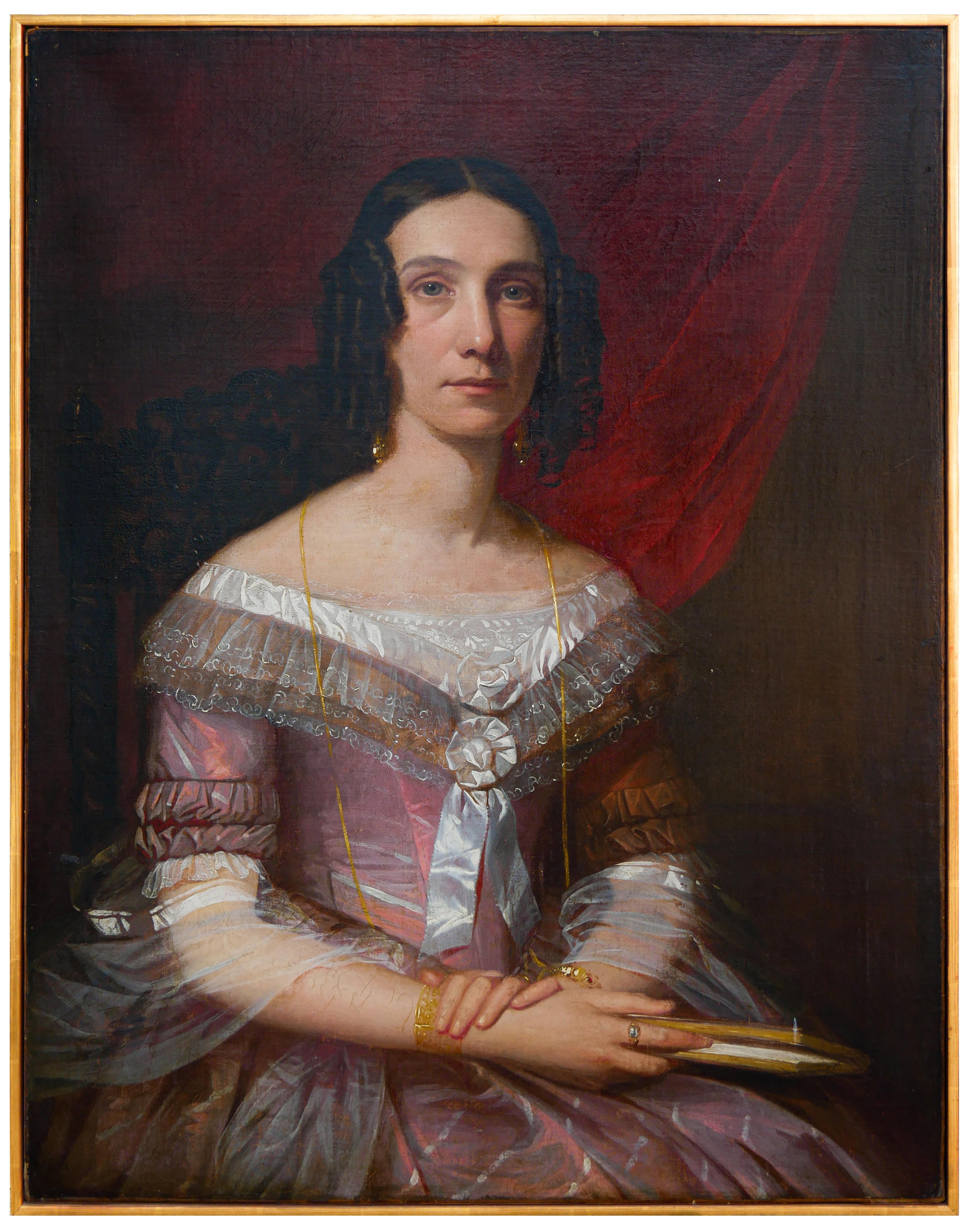 Dunkelrotes und rosafarbenes antikes Porträt einer viktorianischen Dame