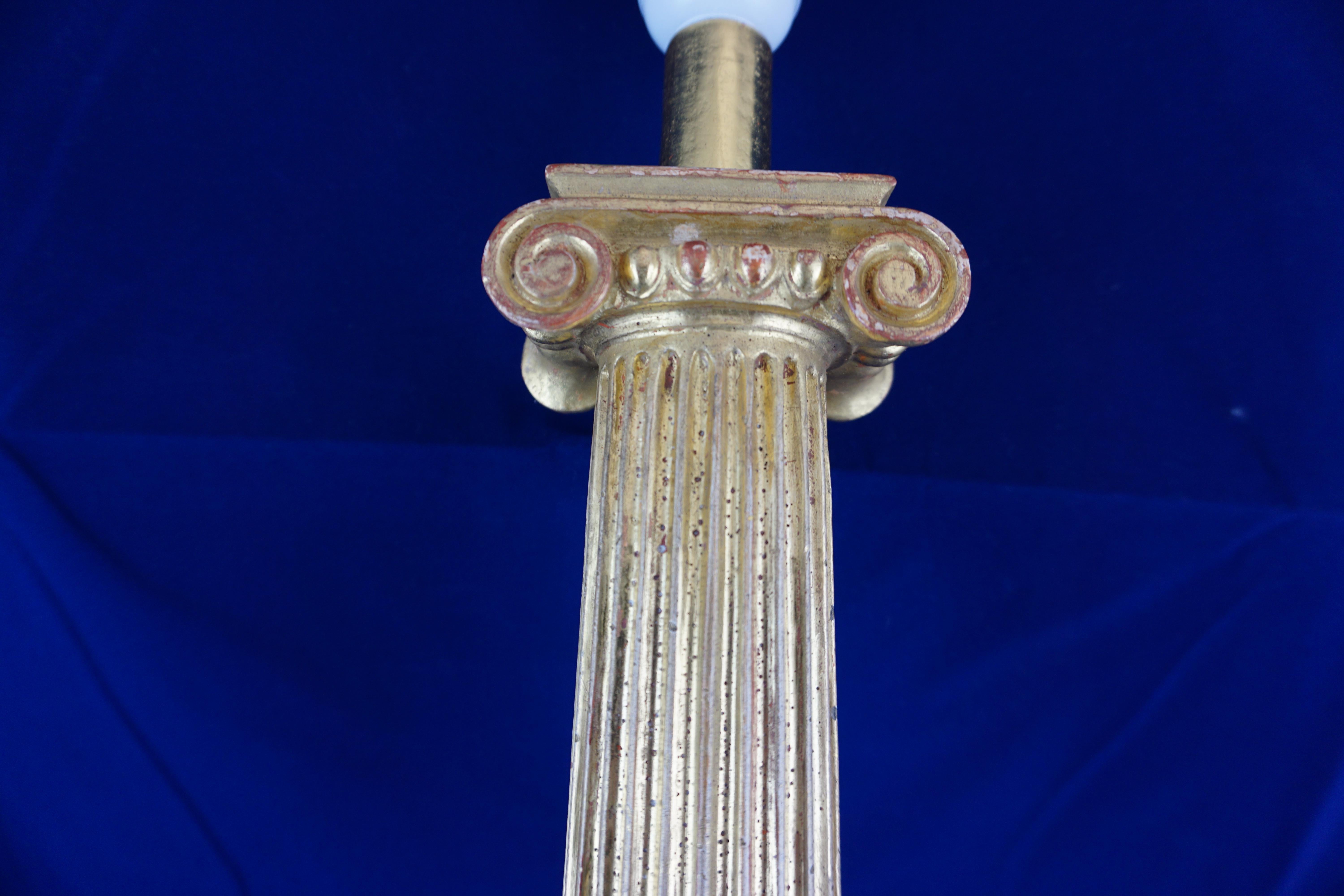 Italian Leone Cei Empire Style Ionic Column Lamp Base, Hand Carved and Gilded For Sale
