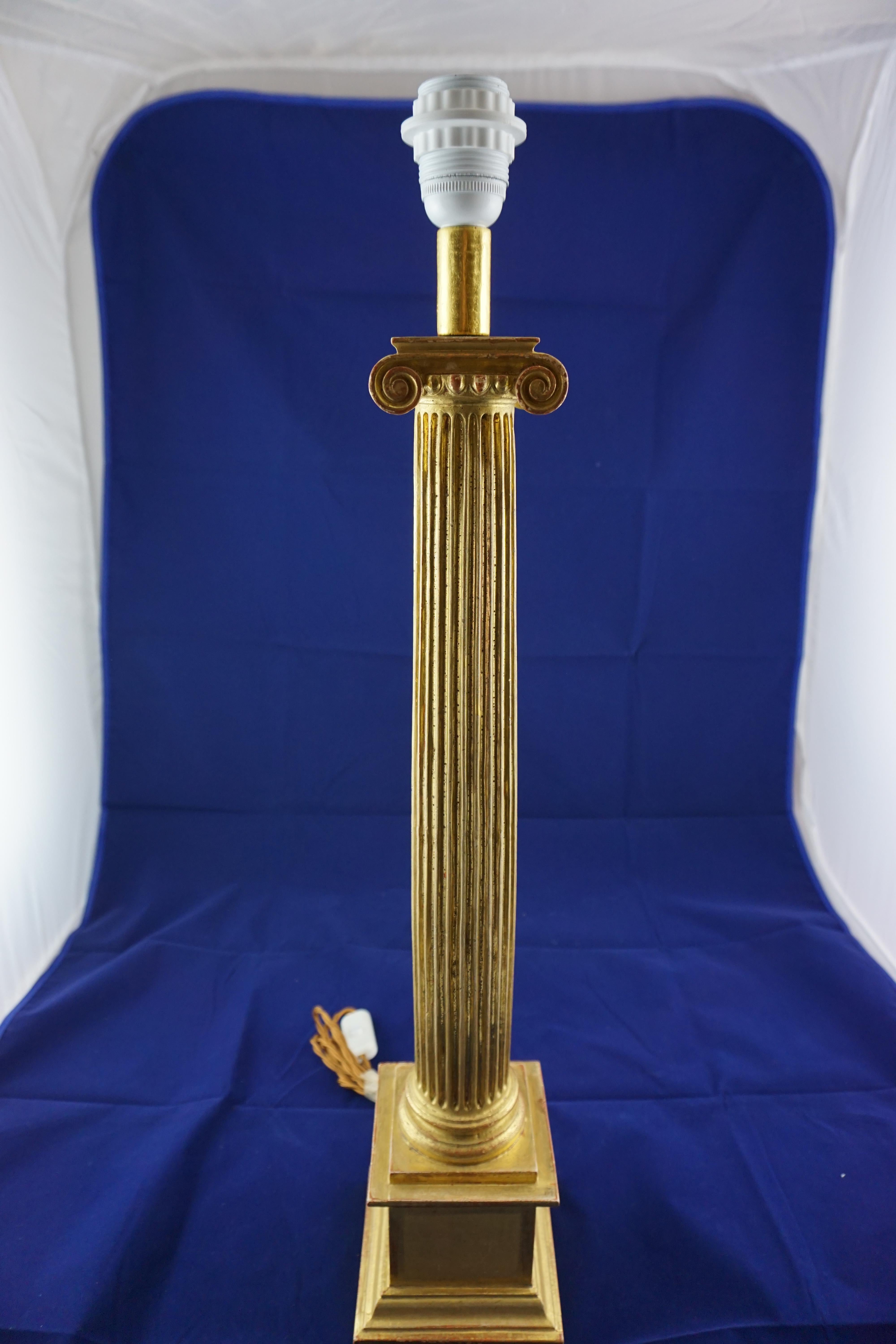 Wood Leone Cei Empire Style Ionic Column Lamp Base, Hand Carved and Gilded For Sale