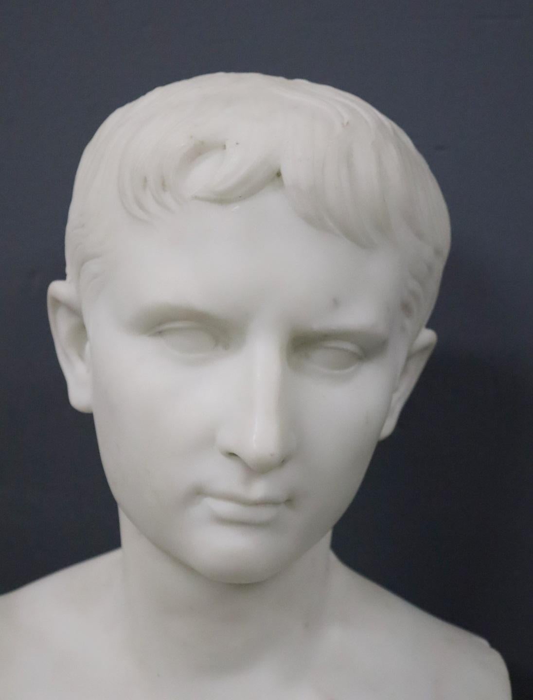 ANTIQUE ITALIAN NEOCLASSICAL MARBLE BUST OF EMPEROR OCTAVIAN, SIGNED CLERICI - Sculpture by Leone Clerici (19th C.) 