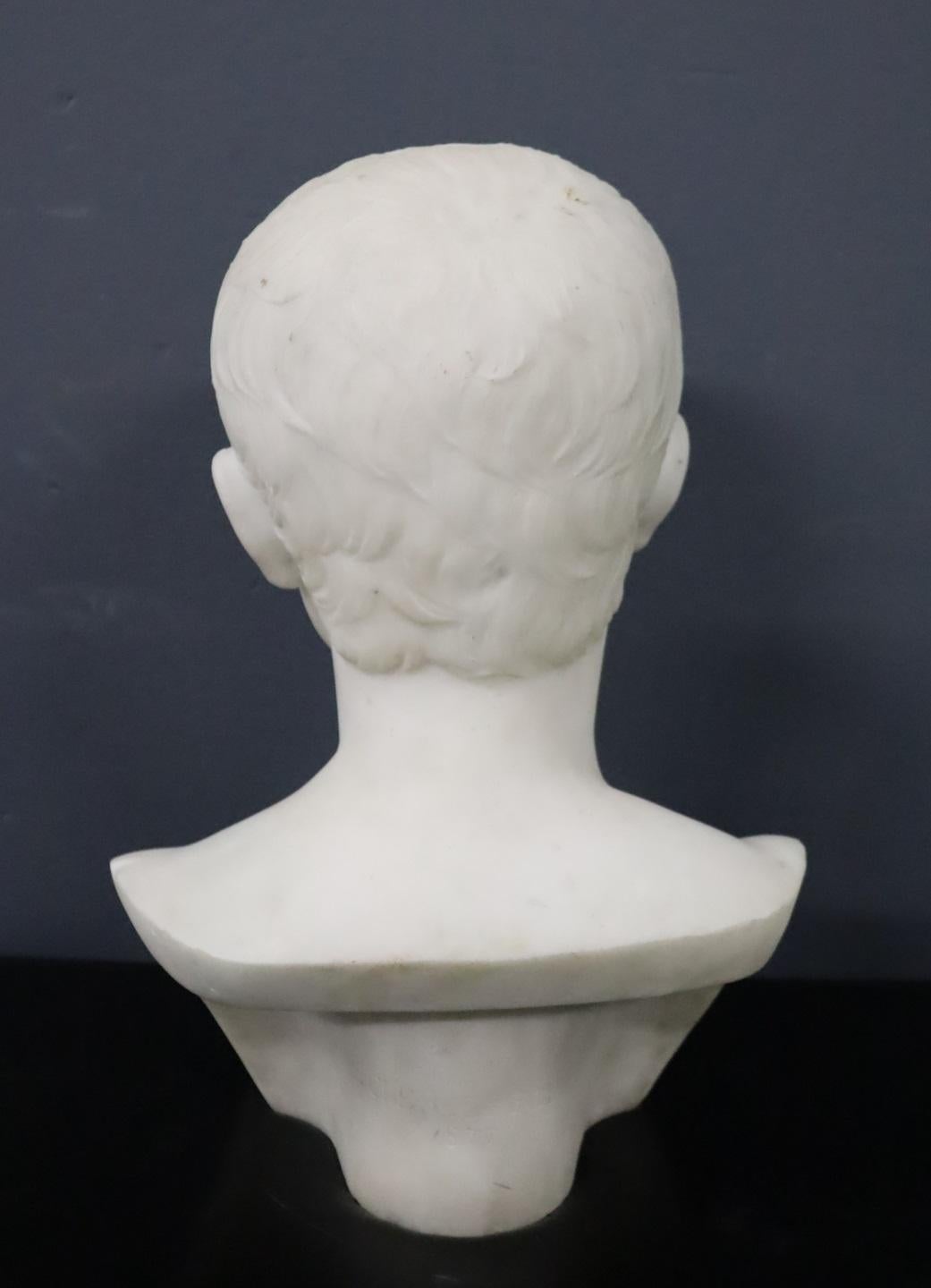 Buste en marbre italien du XIXe siècle représentant le jeune empereur Octave. La sculpture, taillée dans du marbre blanc de Carrare, est un exemple exquis d'œuvre néoclassique et présente une patine fascinante.