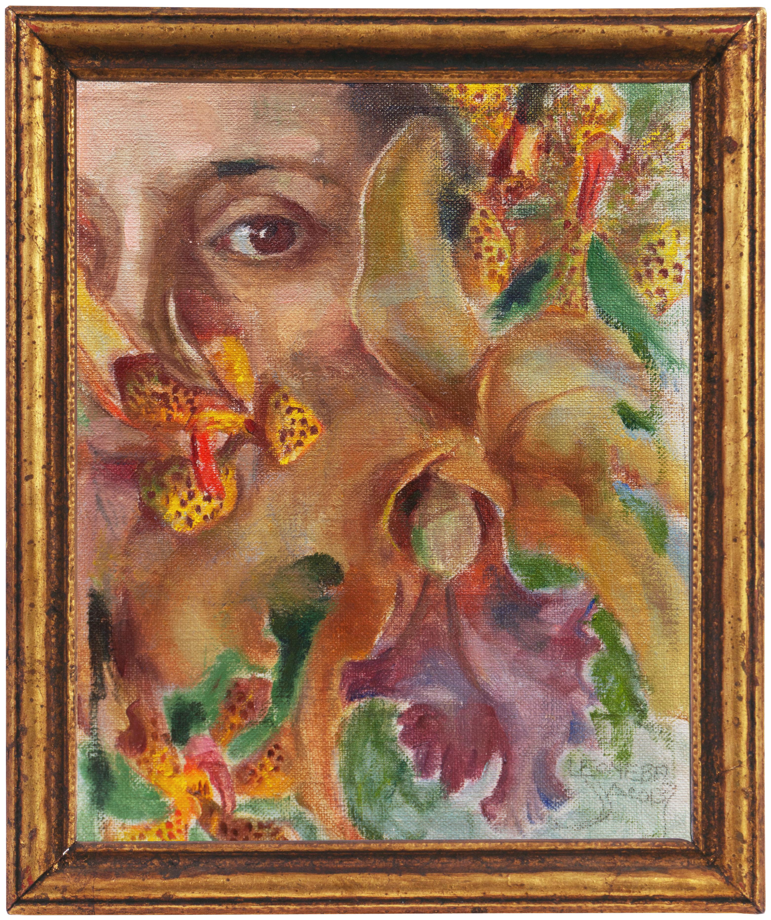 'Self Portrait with Orchids', National Association of Women Artists, AWS - Painting by Leonebel Jacobs