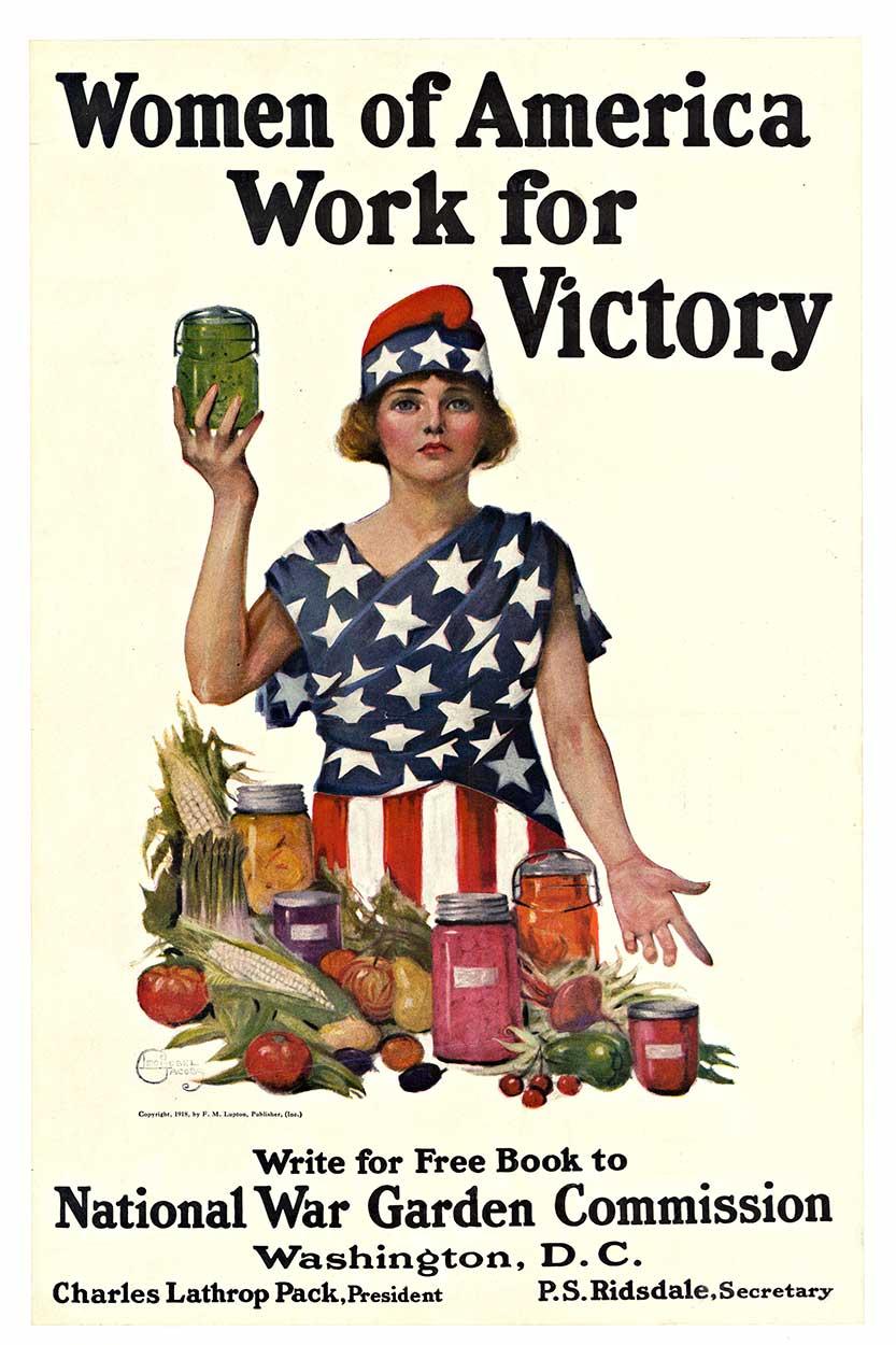 Psoter original de época "Las mujeres de América trabajan por la victoria  Jardín de la Victoria