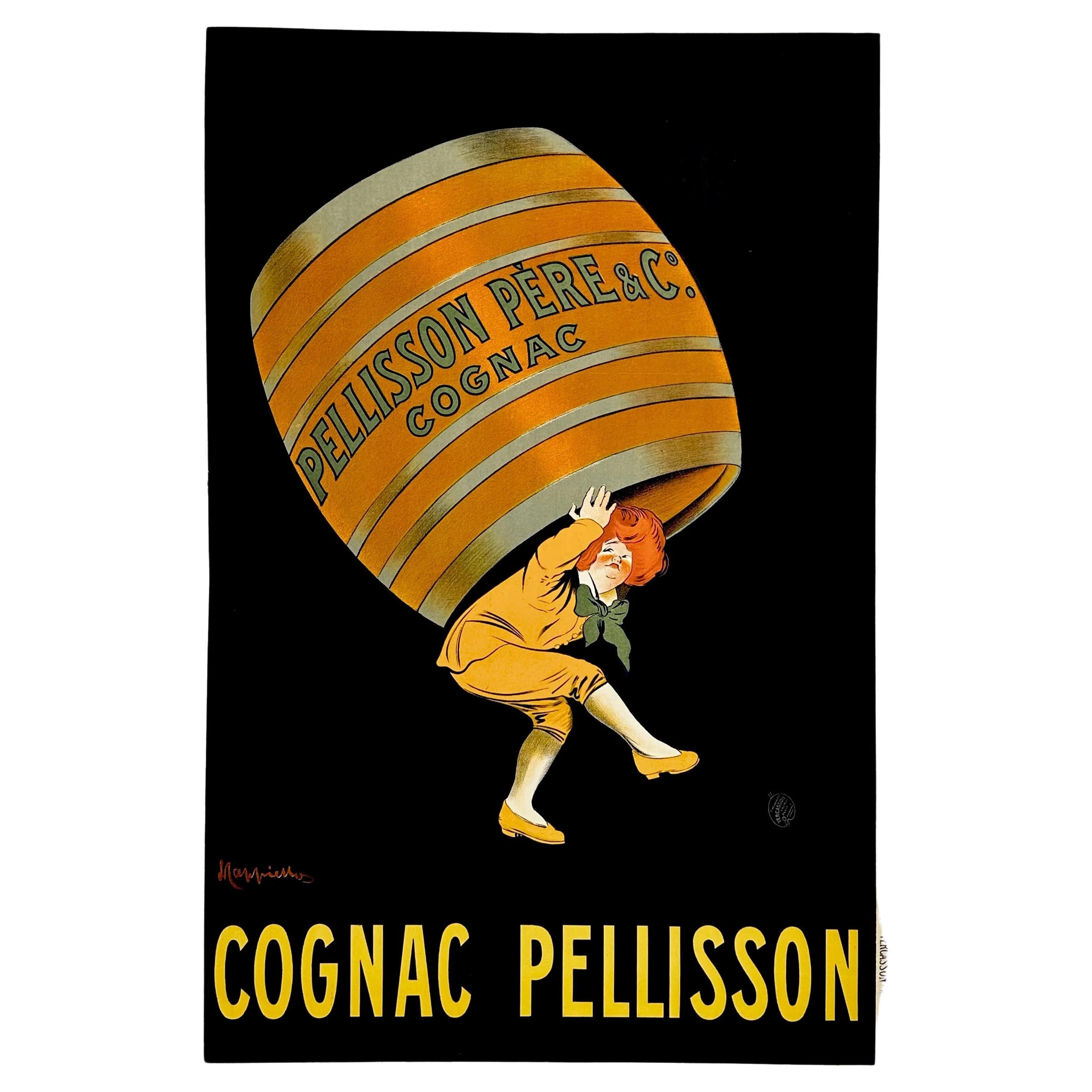 A dramatic Italian poster by the well-known Italian graphic artist Leonetto Cappello for Cognac Pellisson. The delightful image depicts a small figure moving an enormous barrell of cognac against a black background. The absurdity of the illustration