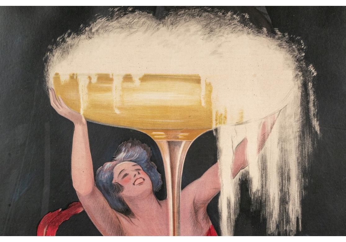 The Classic Cappiello poster in an outstanding custom frame. Signed in the plate 922 lower left. A festive female figure supports a glass of overflowing bubbly Contratto on a black background. Stampato in Italia. Paris and Torino. 
With an inner