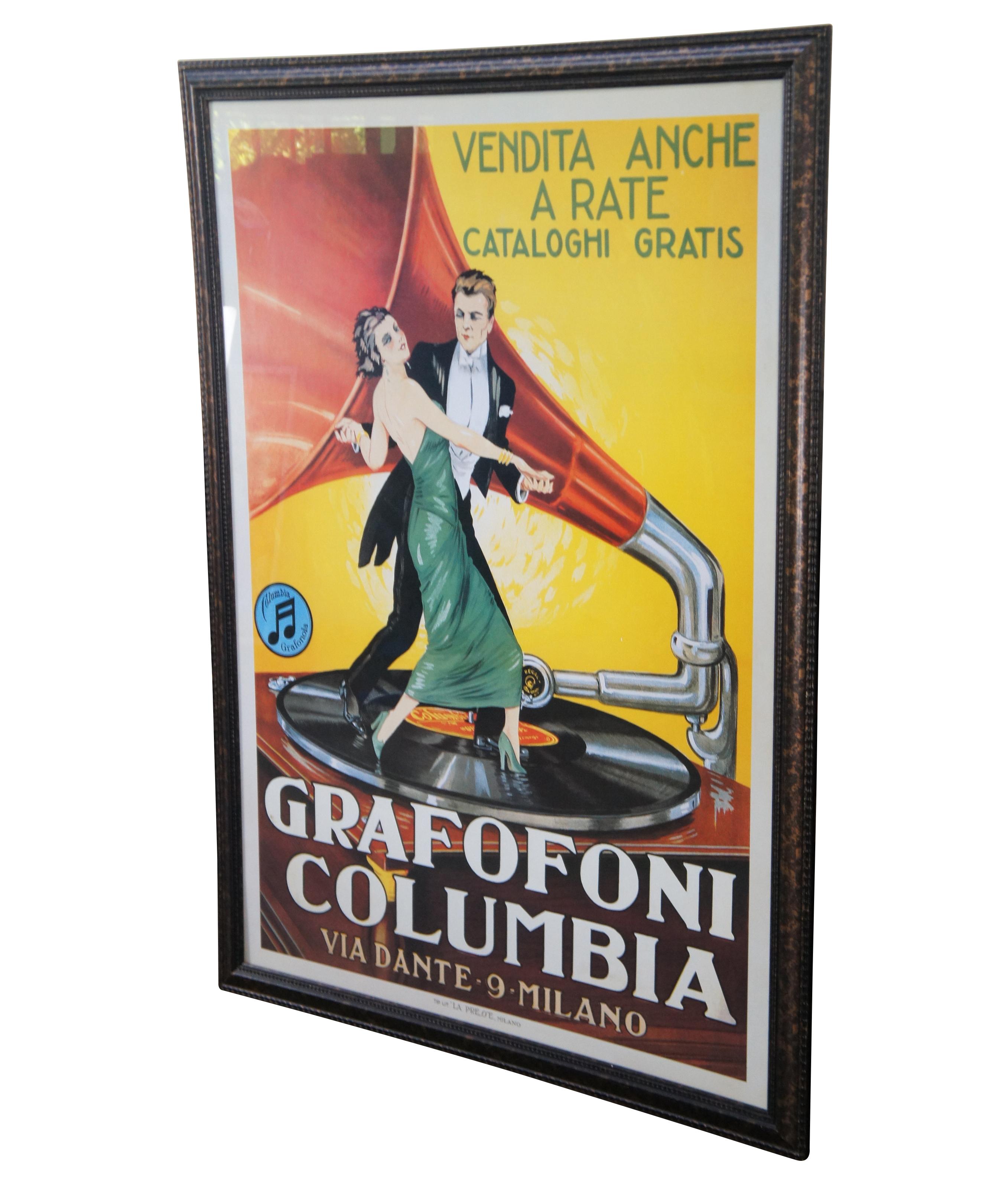Vintage Leonetto Cappiello advertising poster for Grafofoni Columbia 1920 (Columbia Graphophone Company). It shows a couple dancing on a gramophone player. This poster was groundbreaking in its time because Leonetto Cappiello created an impressive
