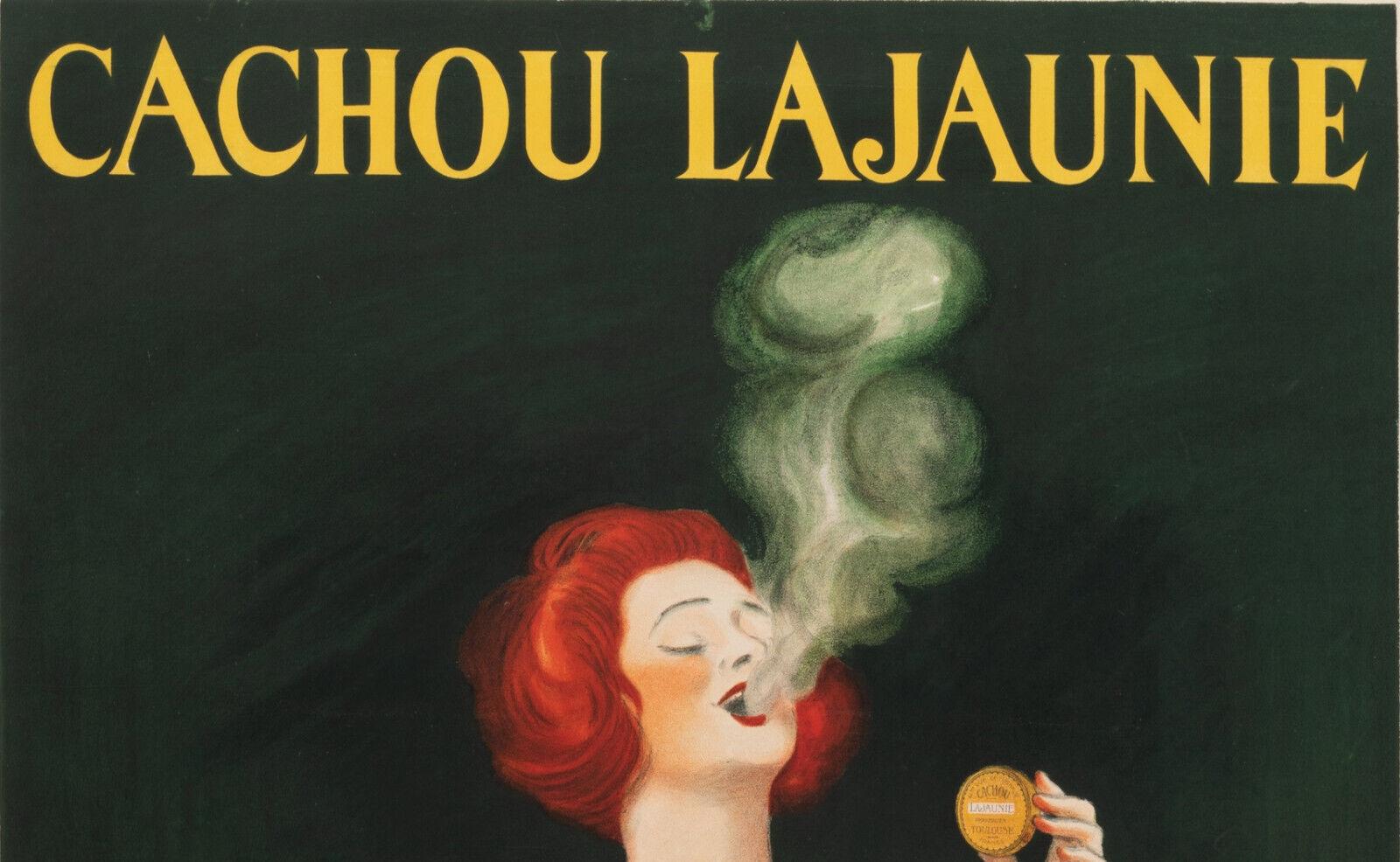 Original Vintage Poster for Cachou Lajaunie by Leonetto Cappiello dating from 1920.

Cachou Lajaunie is a liquorice based sweet candy.

A red-haired woman in a dress of feathers in autumnal colors holds a box of Cachou Lajaunie.

Leonetto