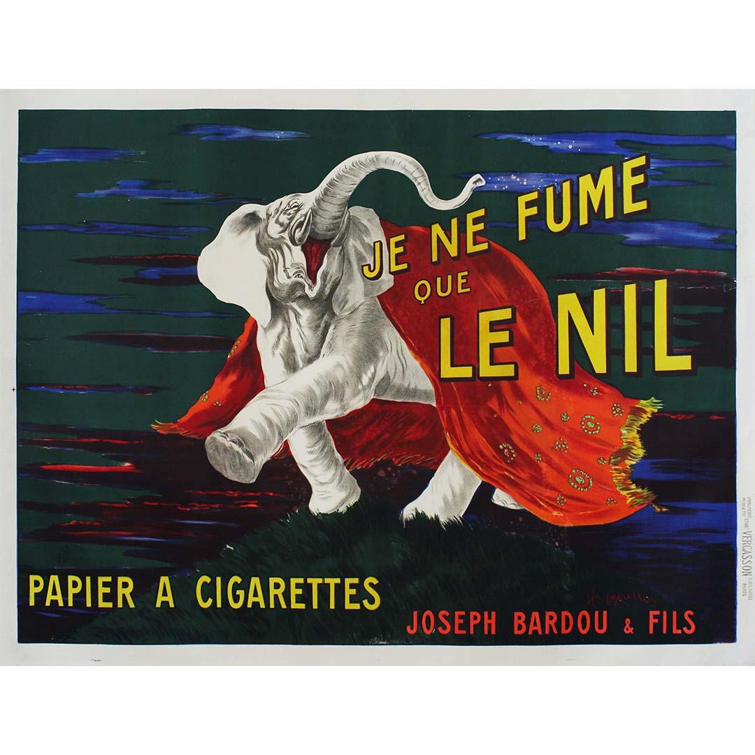 Das Originalplakat "Je ne fume que le Nil" von Leonetto Cappiello, das 1916 von Vercasson in Paris für Papier à Cigarettes Joseph Bardou & Fils gedruckt wurde, ist ein Werk von unbestreitbarer visueller Kraft, das in der Welt der Werbung