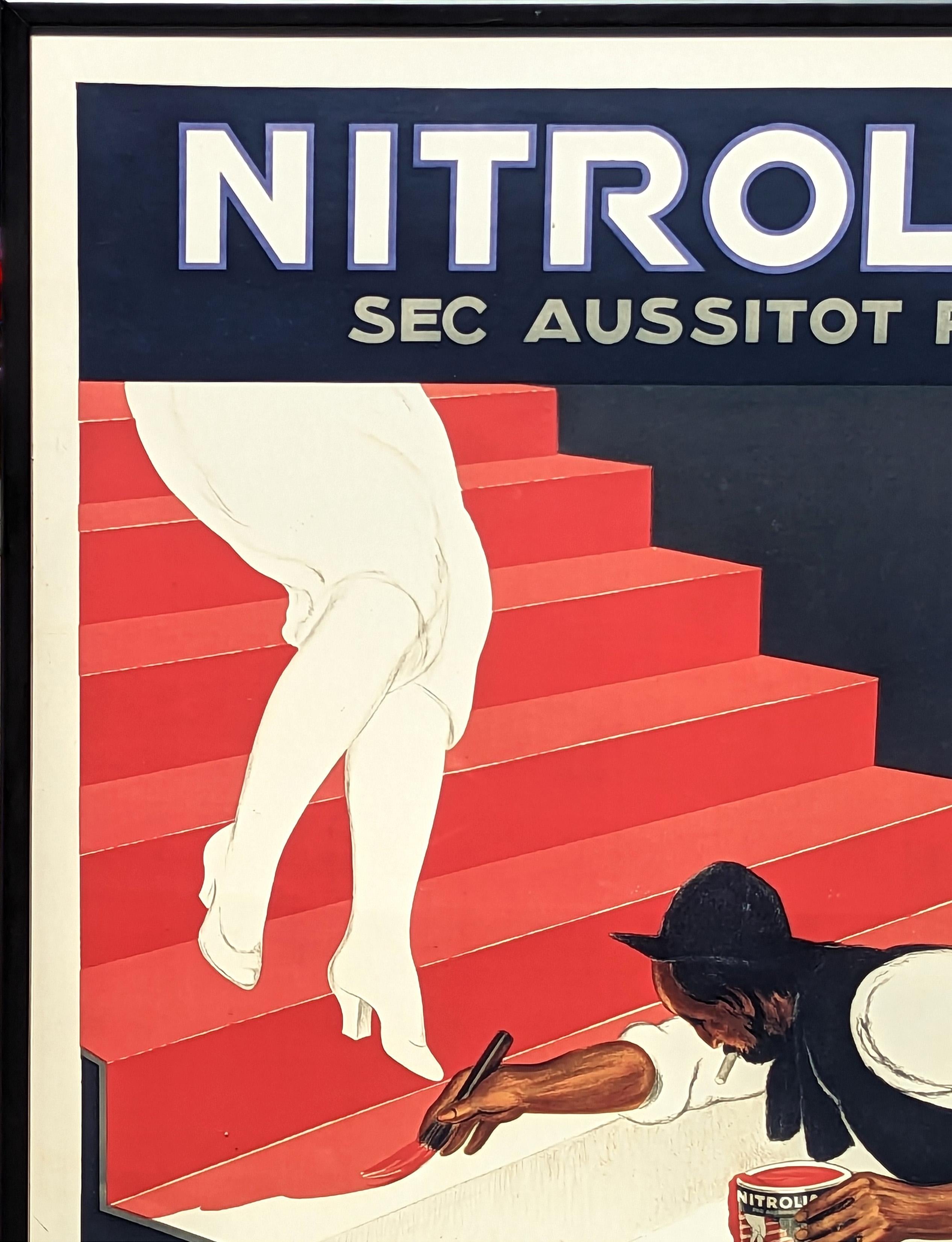 Modern art deco promotional poster by artist and illustrator Leonetto Cappiello. The work features a  man using Nitrolian paint to paint a set of stairs as a woman walks down. The paint dries so fast that the woman doesn't get any paint on her.