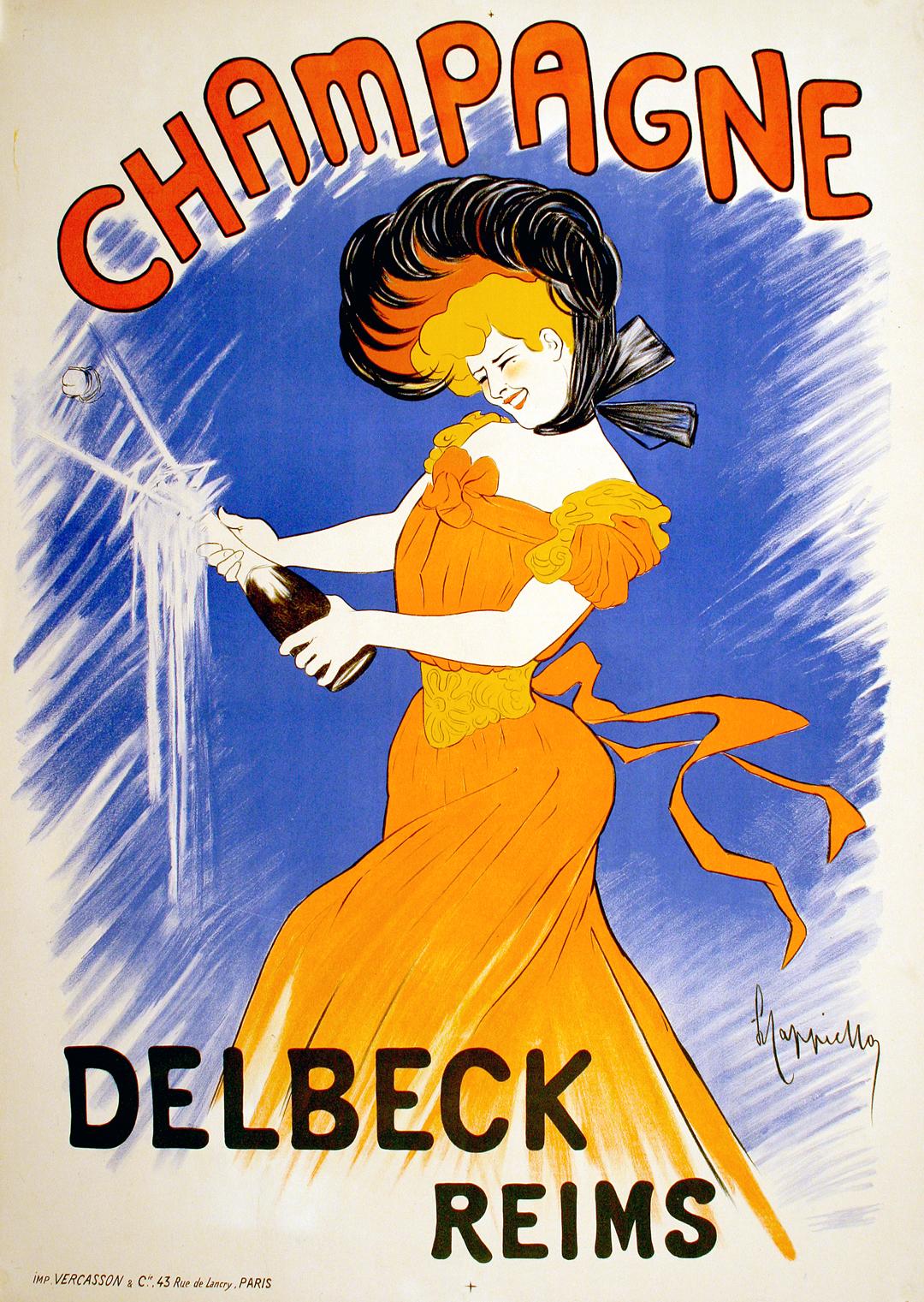 Champagne Delbeck Reims is a wonderful image by noted poster artist, Leonetto Cappiello. We see the delight of a stylish woman opening a bottle of the Champagne with fervor, spraying it as the cork flies through the air.Flemish banker Felix-Desire