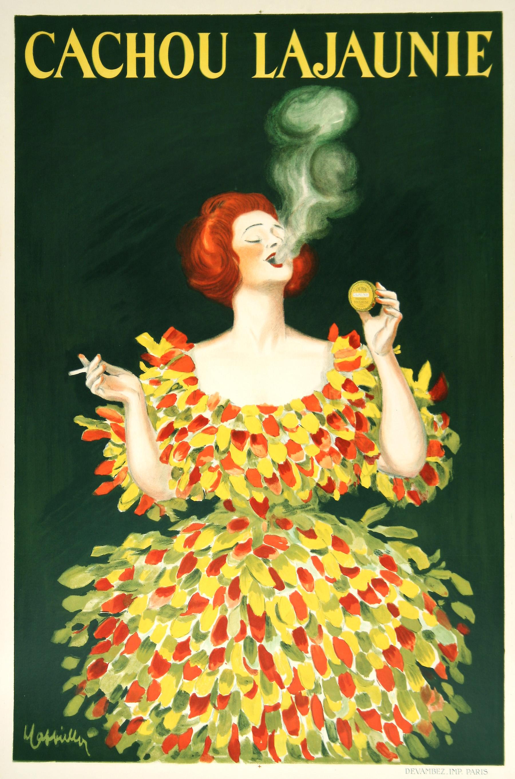 This poster for Cachou Lajaunie was designed by famous poster artist Leonetto Cappiello. This image features a woman with red hair calmly exhaling smoke from her cigarette. Set against a deep green background, the floral delicacy and color of her