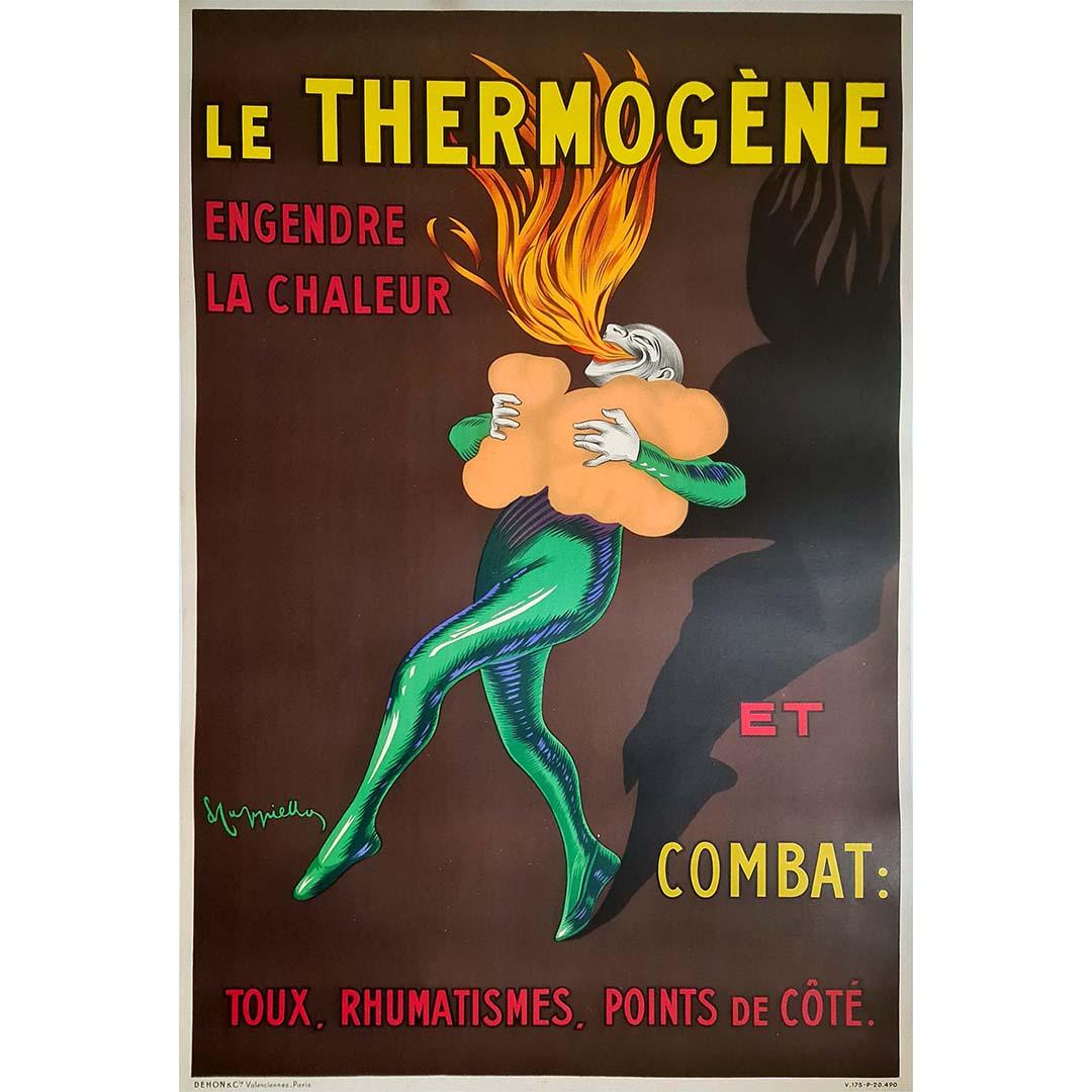 L'affiche originale de 1949 de Leonetto Cappiello pour "Le Thermogène engendre la chaleur et combat : toux, rhumatismes, points de côté" est une pièce publicitaire frappante qui met en évidence le talent créatif et l'impact visuel du célèbre