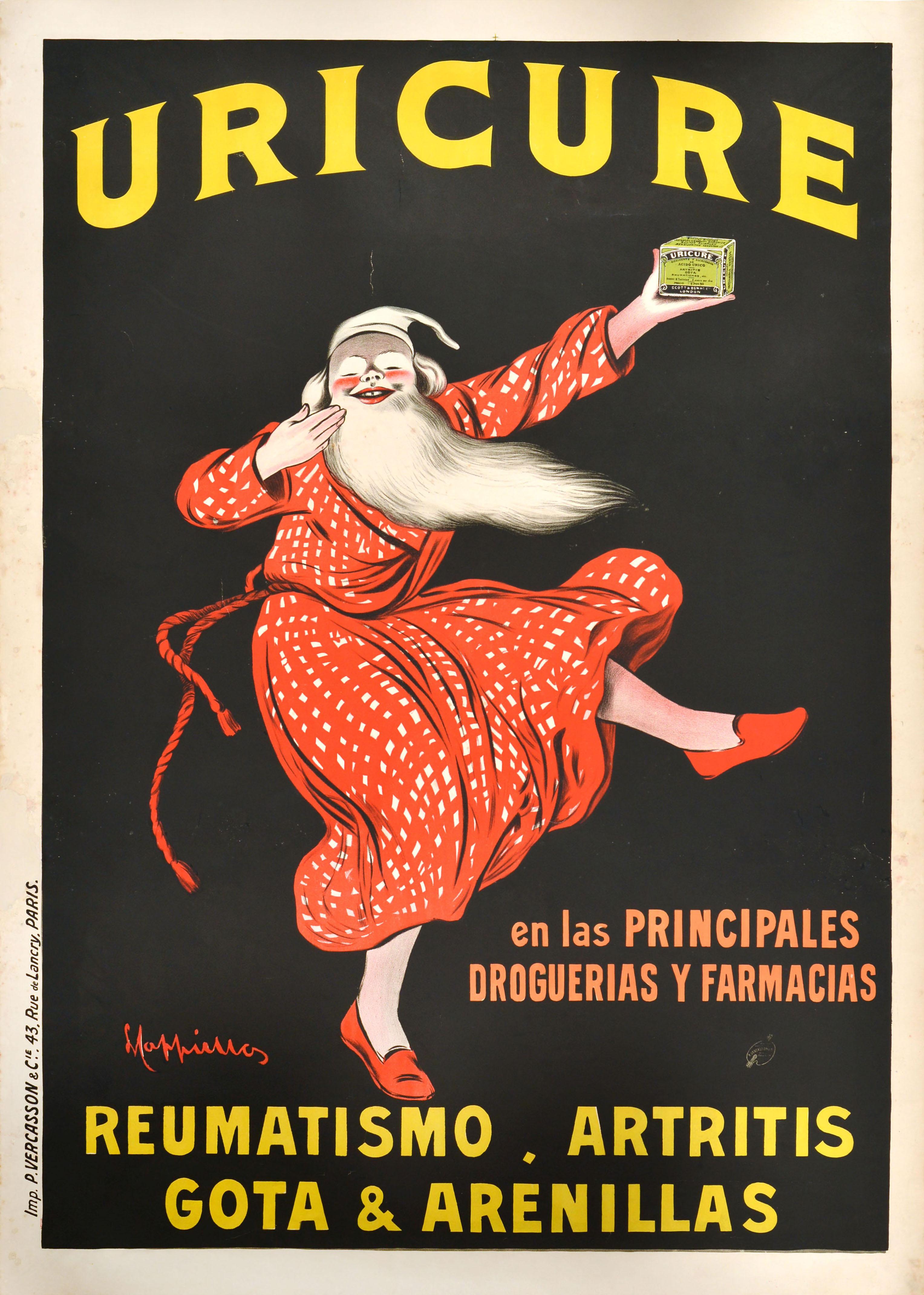 Original antique advertising poster by the renowned poster artist Leonetto Cappiello (1875-1942) for Uricure featuring a great design depicting a smiling elderly man with a white beard wearing a red and white dressing gown and white cap dancing in