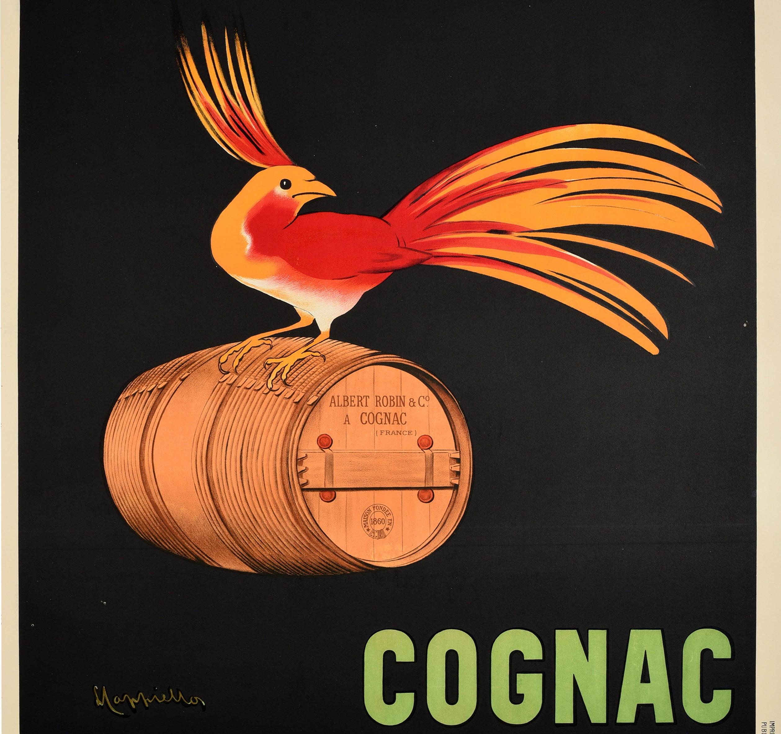 Originales antikes Getränke-Werbeplakat für Albert Robin Cognac mit einem atemberaubenden Entwurf des berühmten Plakatkünstlers Leonetto Cappiello (1875-1942), der einen farbenfrohen roten und orangefarbenen Vogel auf einem Holzfass von Albert Robin