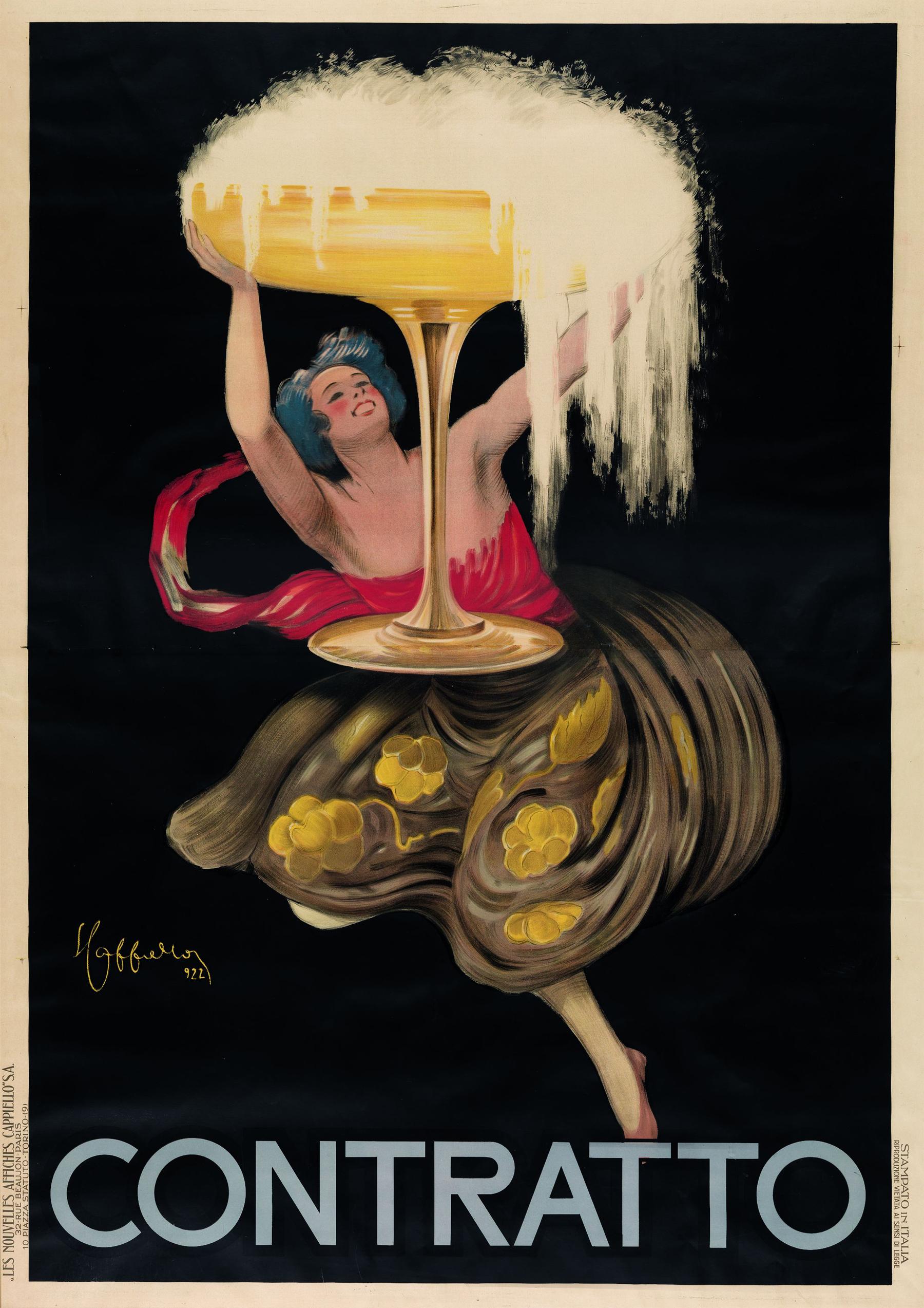 Original Italian Contratto Sparkling Wine Poster by Cappiello 1922 Large Format - Print by Leonetto Cappiello