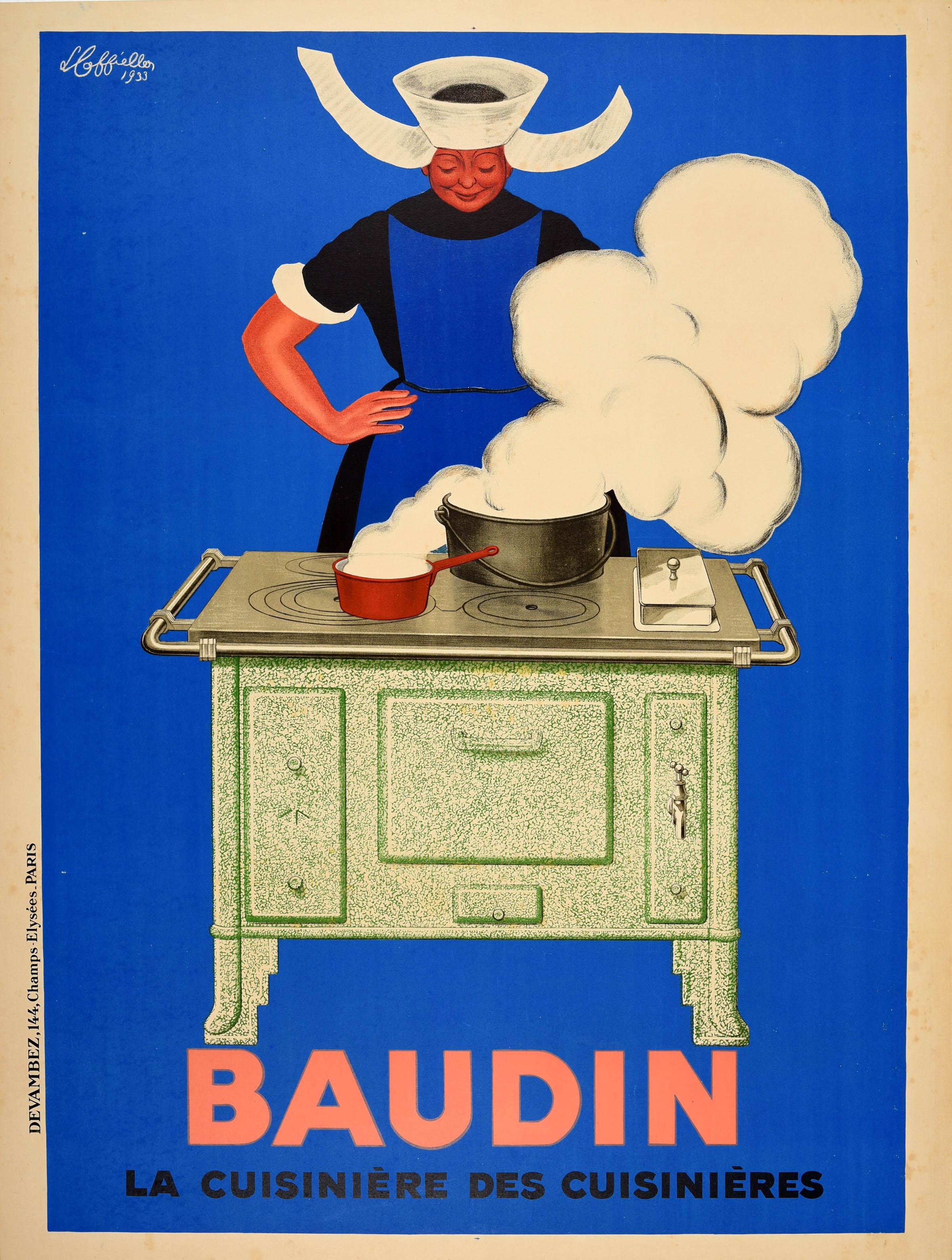 Original vintage advertising poster for kitchen equipment - Baudin La Cuisiniere des Cuisinieres / The Cooker of Cooks - featuring a great design by the renowned artist Leonetto Cappiello (1874-1942) showing a smiling lady in traditional clothing