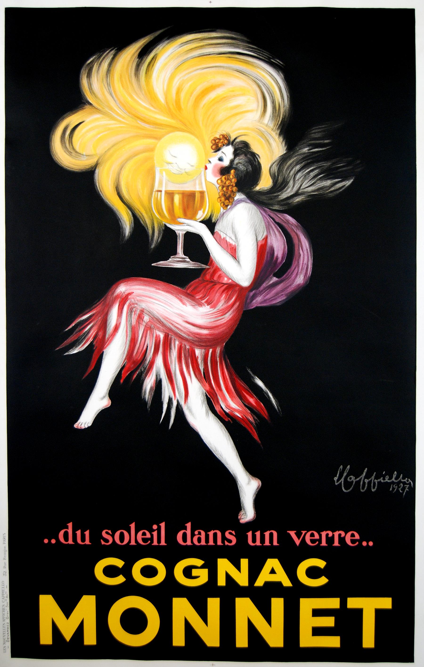What does Cognac do? It warms you! Featuring a sun in the glass, this poster by Cappiello visually represents the warmth of the drink as sunshine bursts out of the glass. The text below "du soleil dans un verre", which reads "a sun in the glass,"