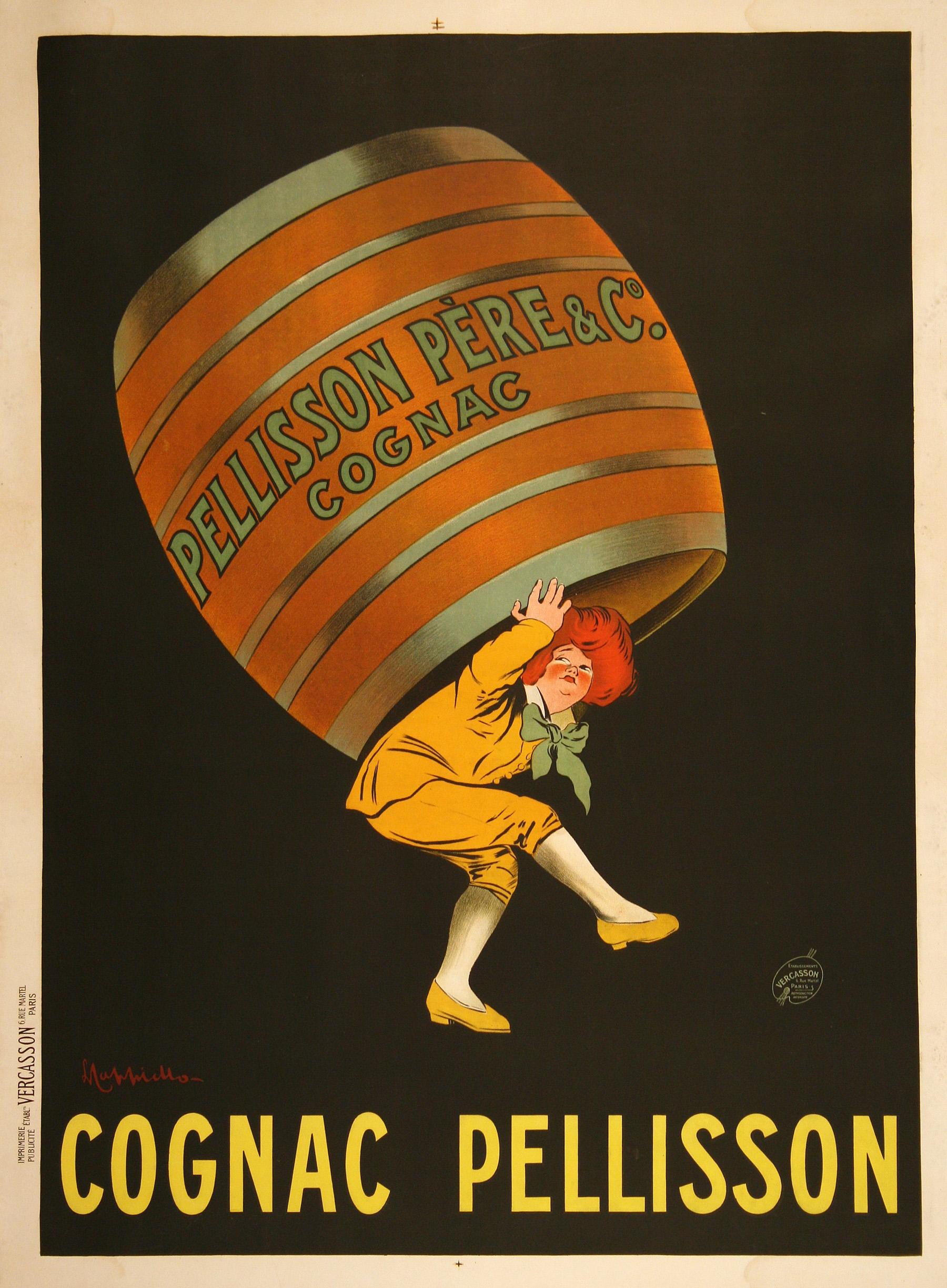 Cognac Pellison is a French liquor poster created in the 1920's by the legendary artist, Leonetto Cappiello (1875-1942). It is a typically whimsical Cappiello design featuring the oversized keg of Cognac carried by the diminutive figure. The
