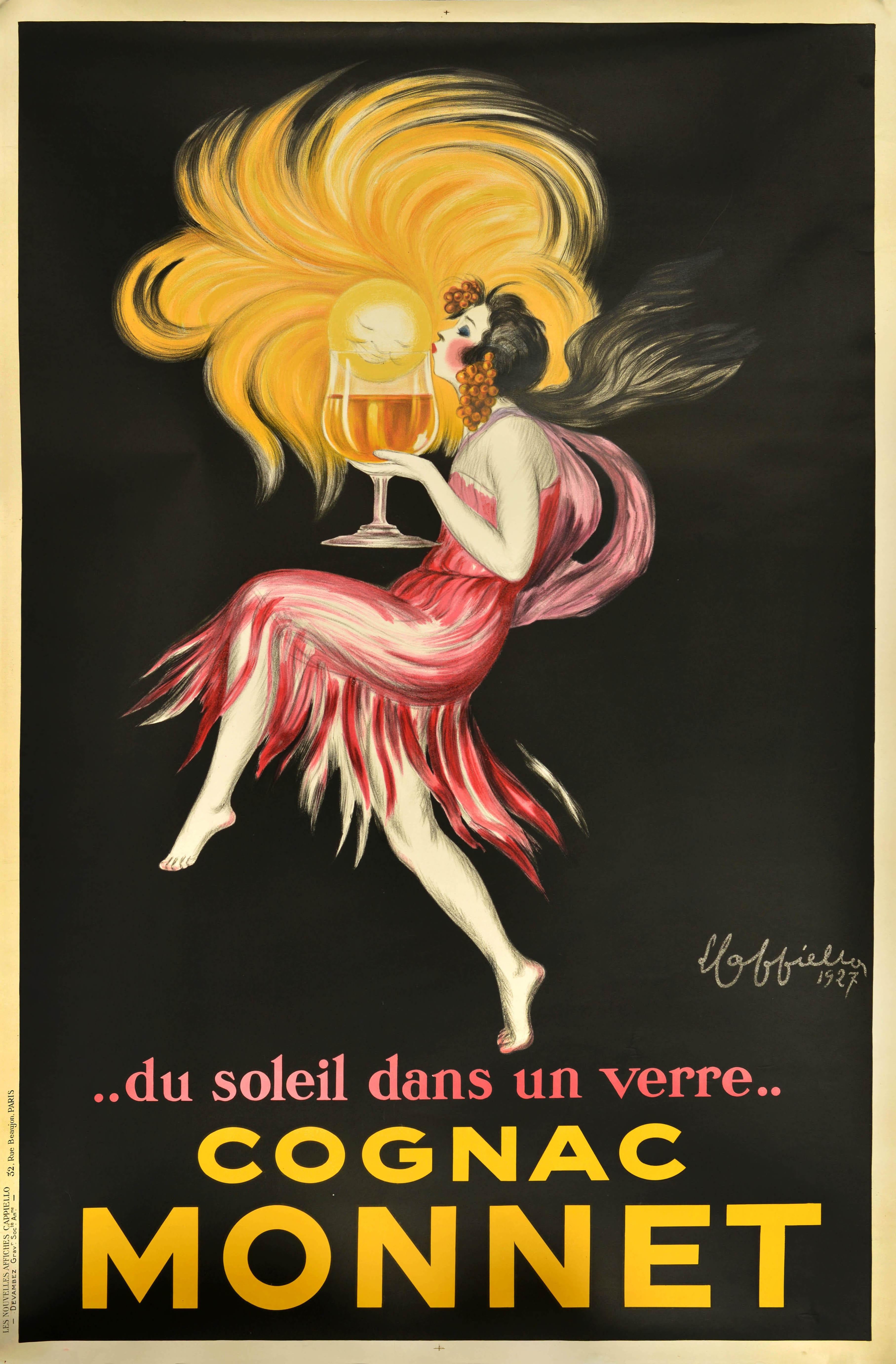 Original vintage drink poster advertising Cognac Monnet featuring a stunning design by the renowned poster artist Leonetto Cappiello (1875-1942) depicting a lady in a pink dress with grapes in her flowing hair, kissing a smiling sun in the top of